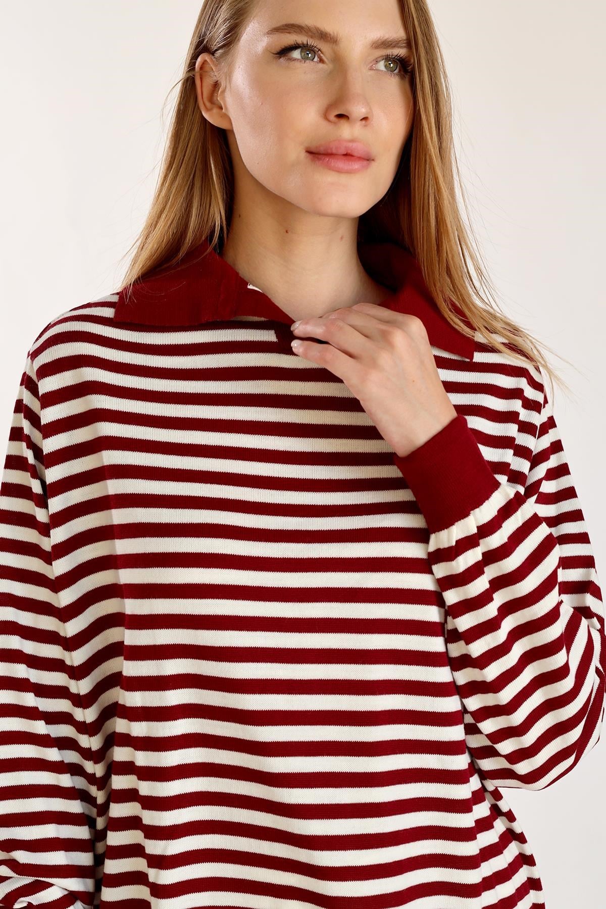 Bordo İnce Çizgi Polo Yaka Tunik 5345