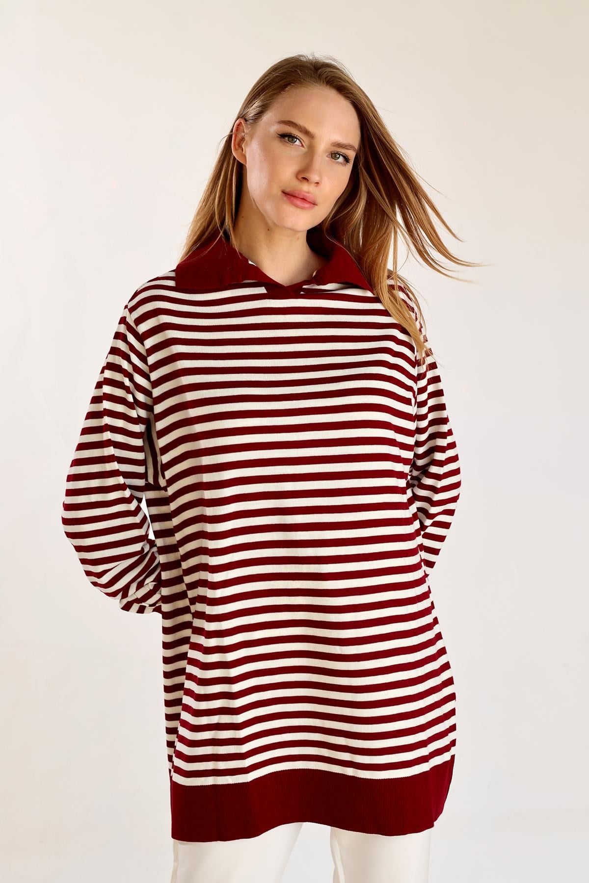 Bordo İnce Çizgi Polo Yaka Tunik 5345