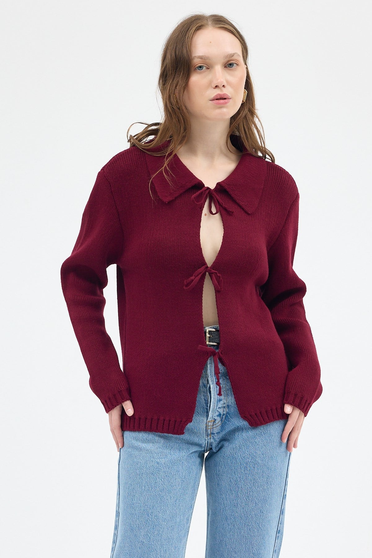 Bordo Kadın Bağlamalı Polo Yaka Triko Hırka 7095