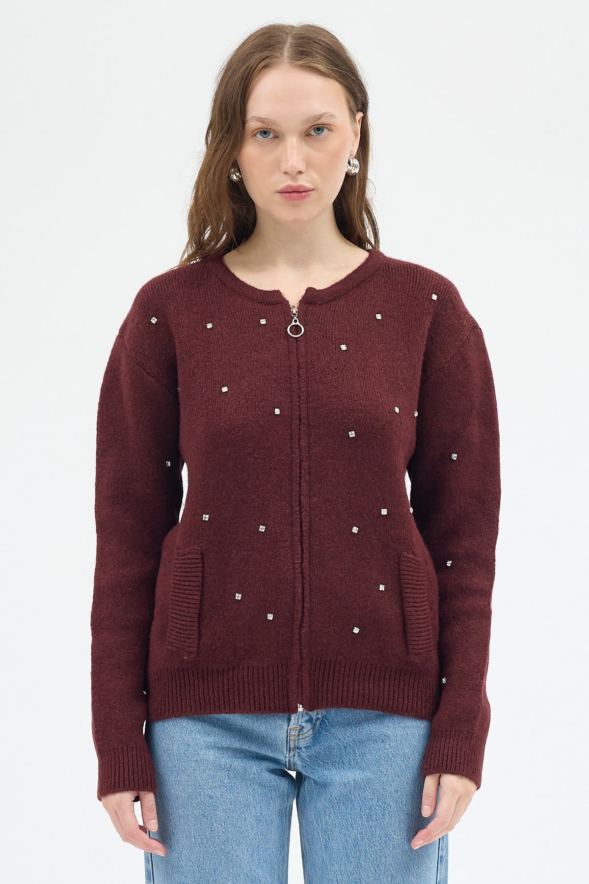 Bordo Kadın Fermuarlı Taş Detaylı Triko Hırka 6405