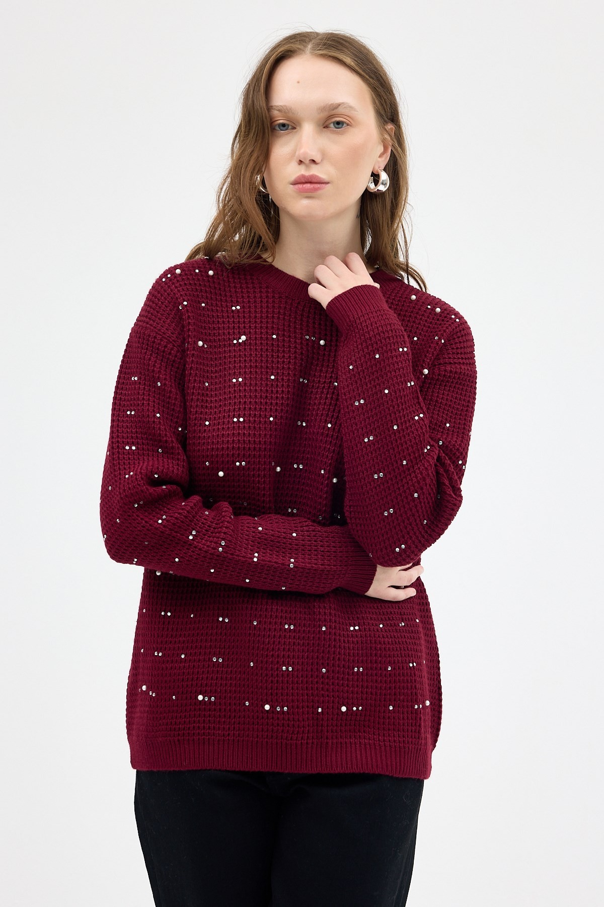 Bordo Kadın Taş İşleme Detaylı Bisiklet Yaka Triko Kazak 7045