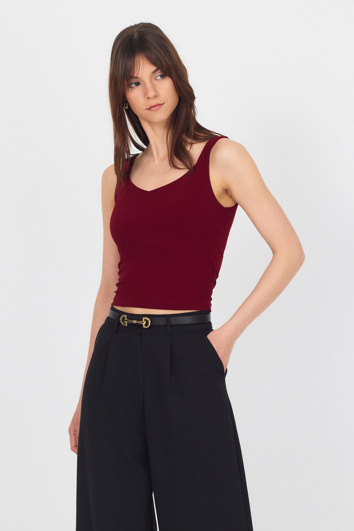 Bordo Kalın Askılı V Yaka Bluz 13293