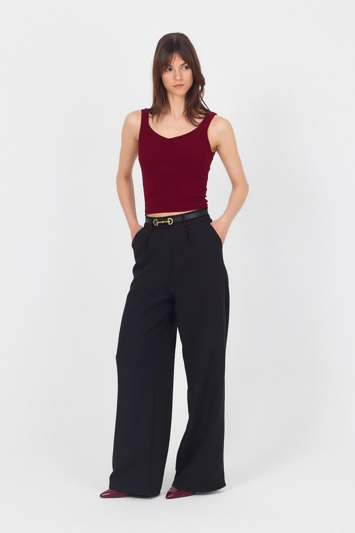 Bordo Kalın Askılı V Yaka Bluz 13293