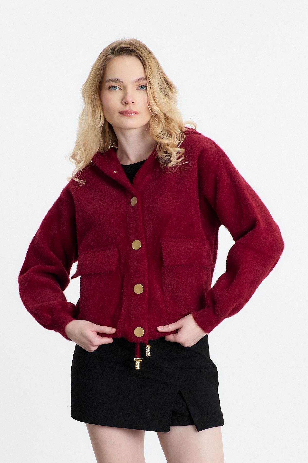 Bordo Kapüşonlu Cepli Hırka 6642