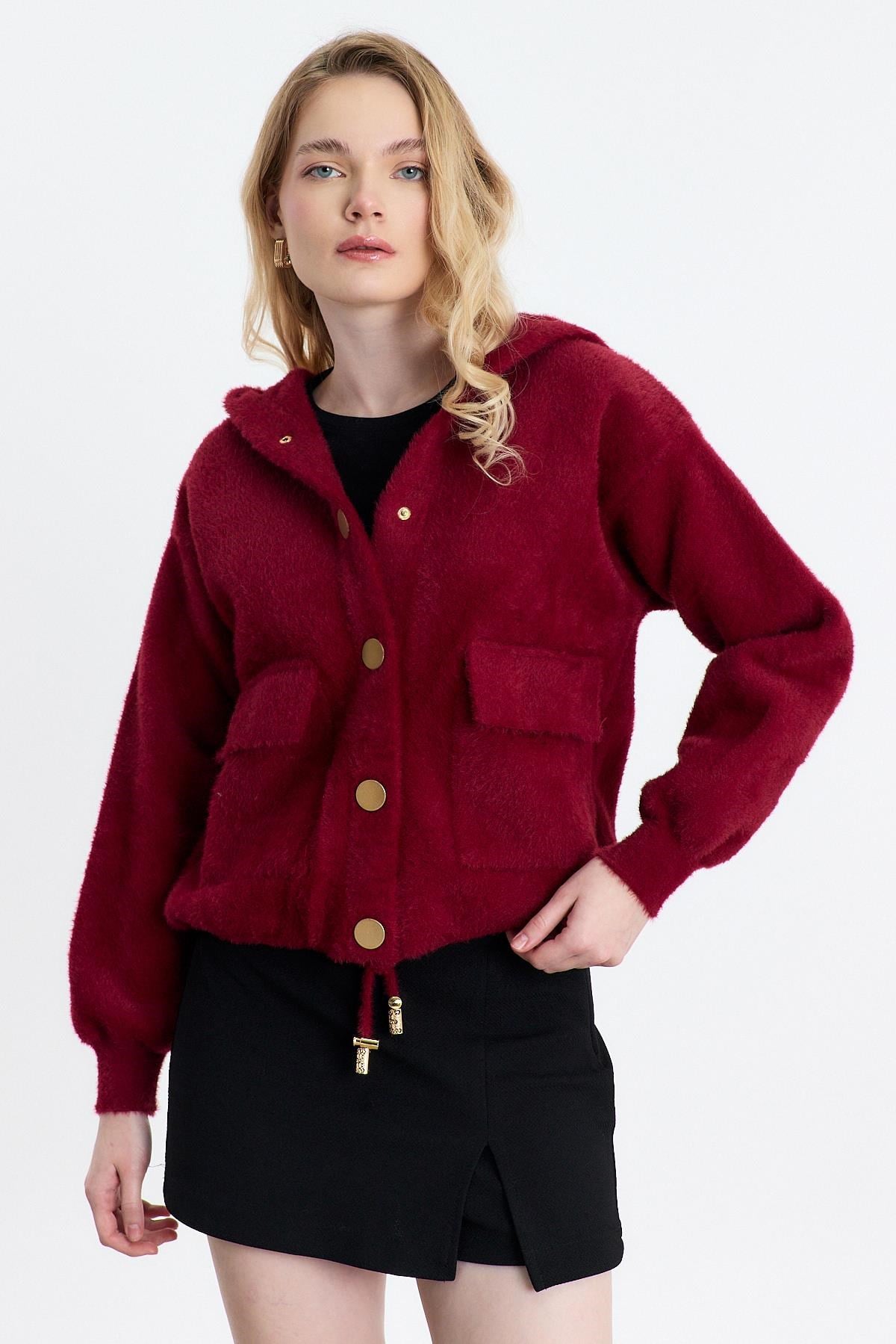 Bordo Kapüşonlu Cepli Hırka 6642