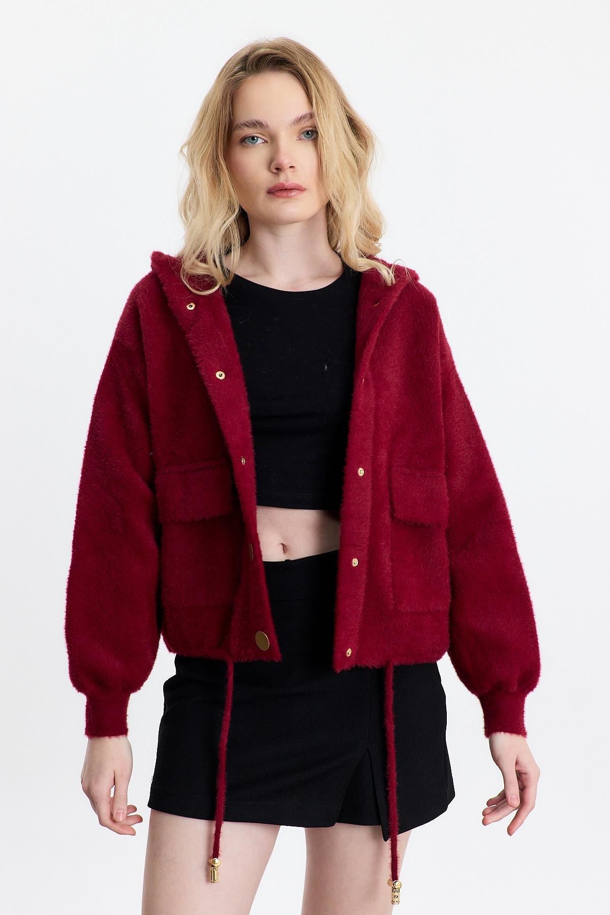 Bordo Kapüşonlu Cepli Hırka 6642