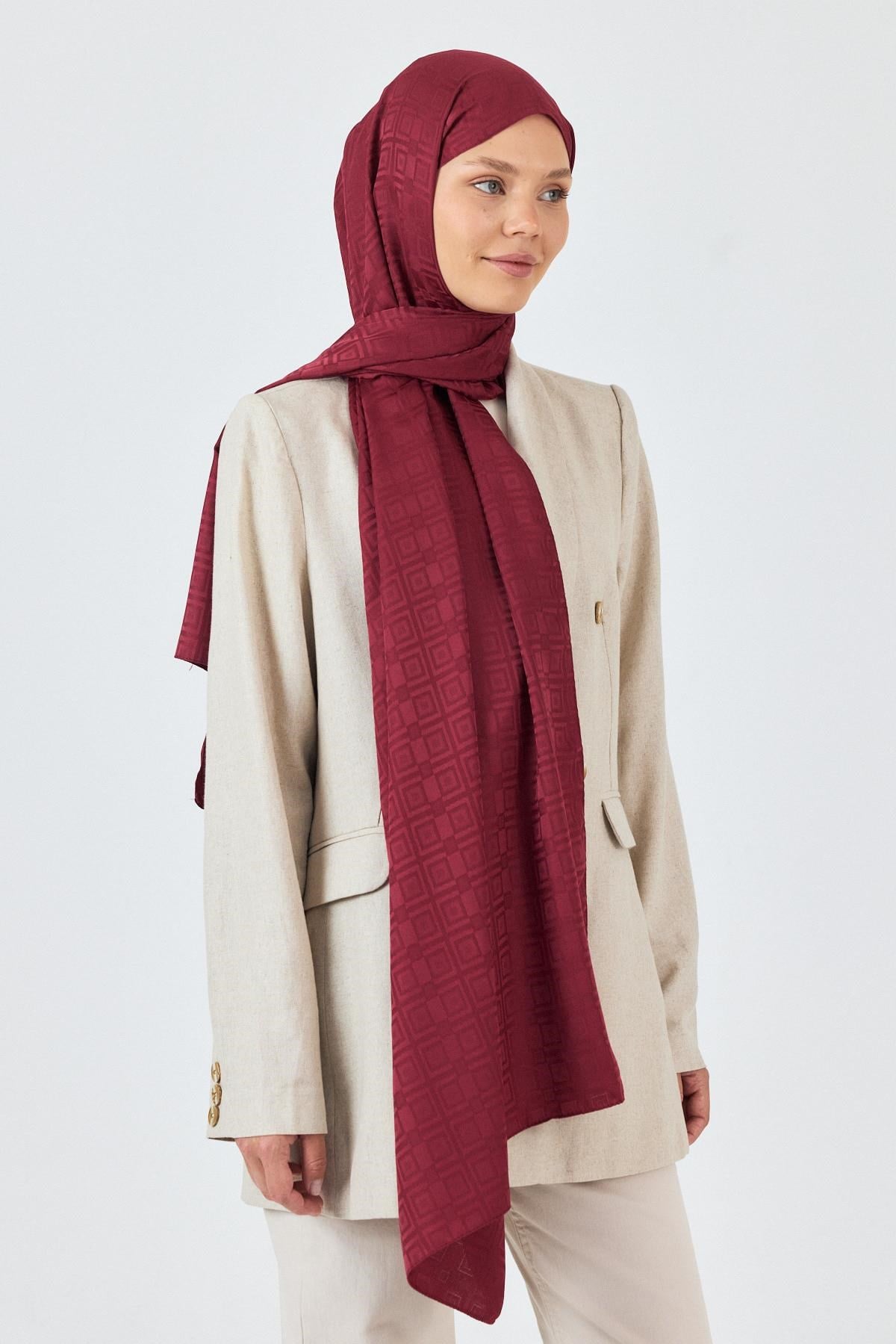 Bordo Kare Desen Jakar Şal 5692