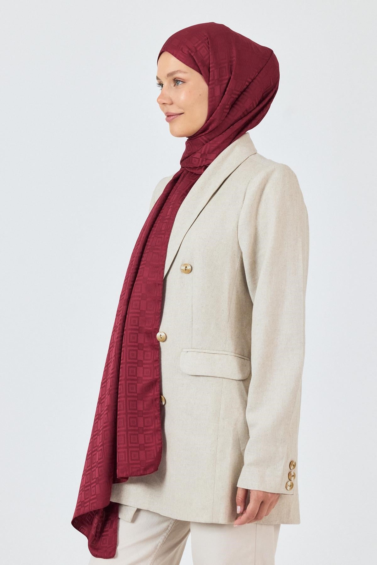 Bordo Kare Desen Jakar Şal 5692