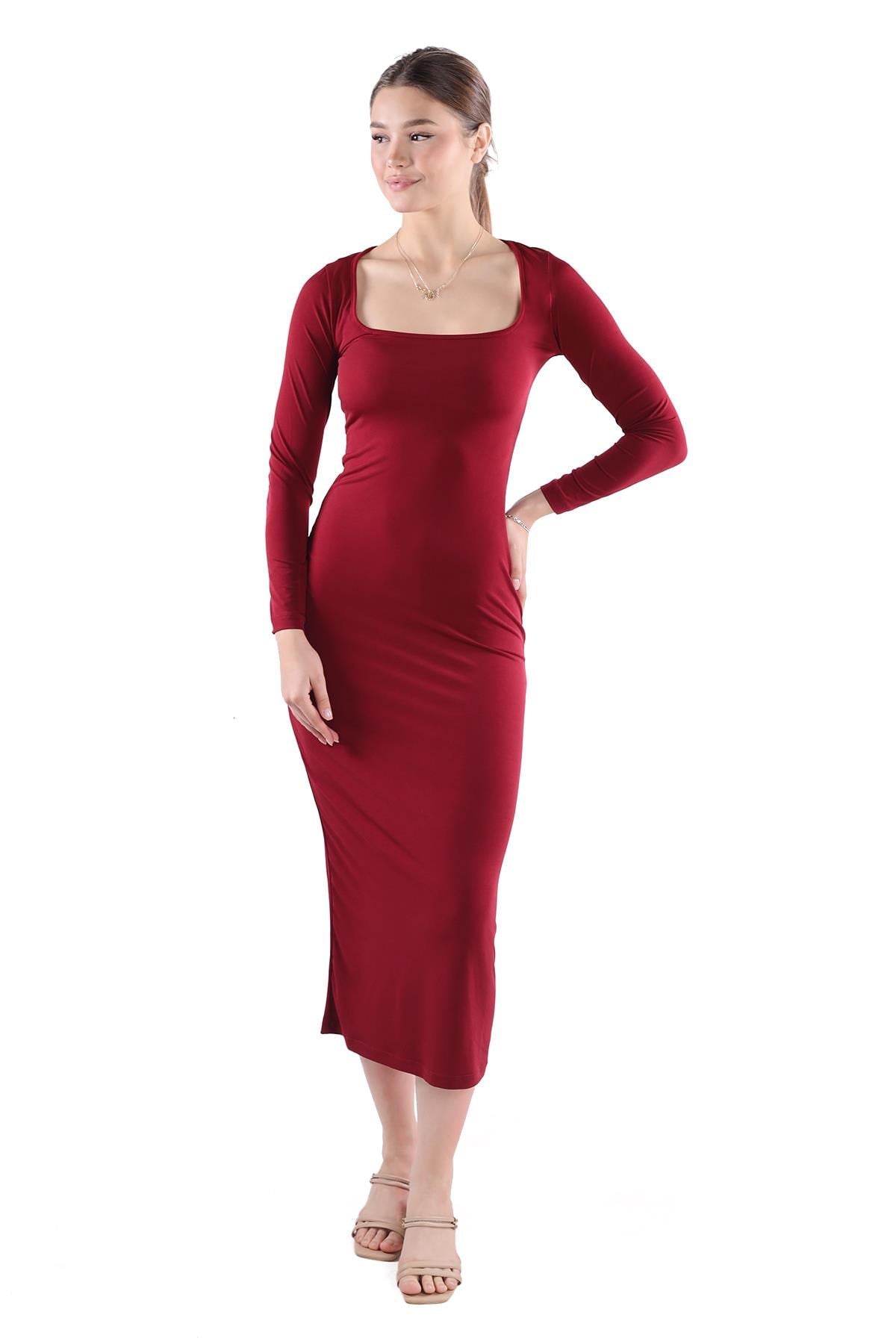 Bordo Kare Yaka Elbise 385