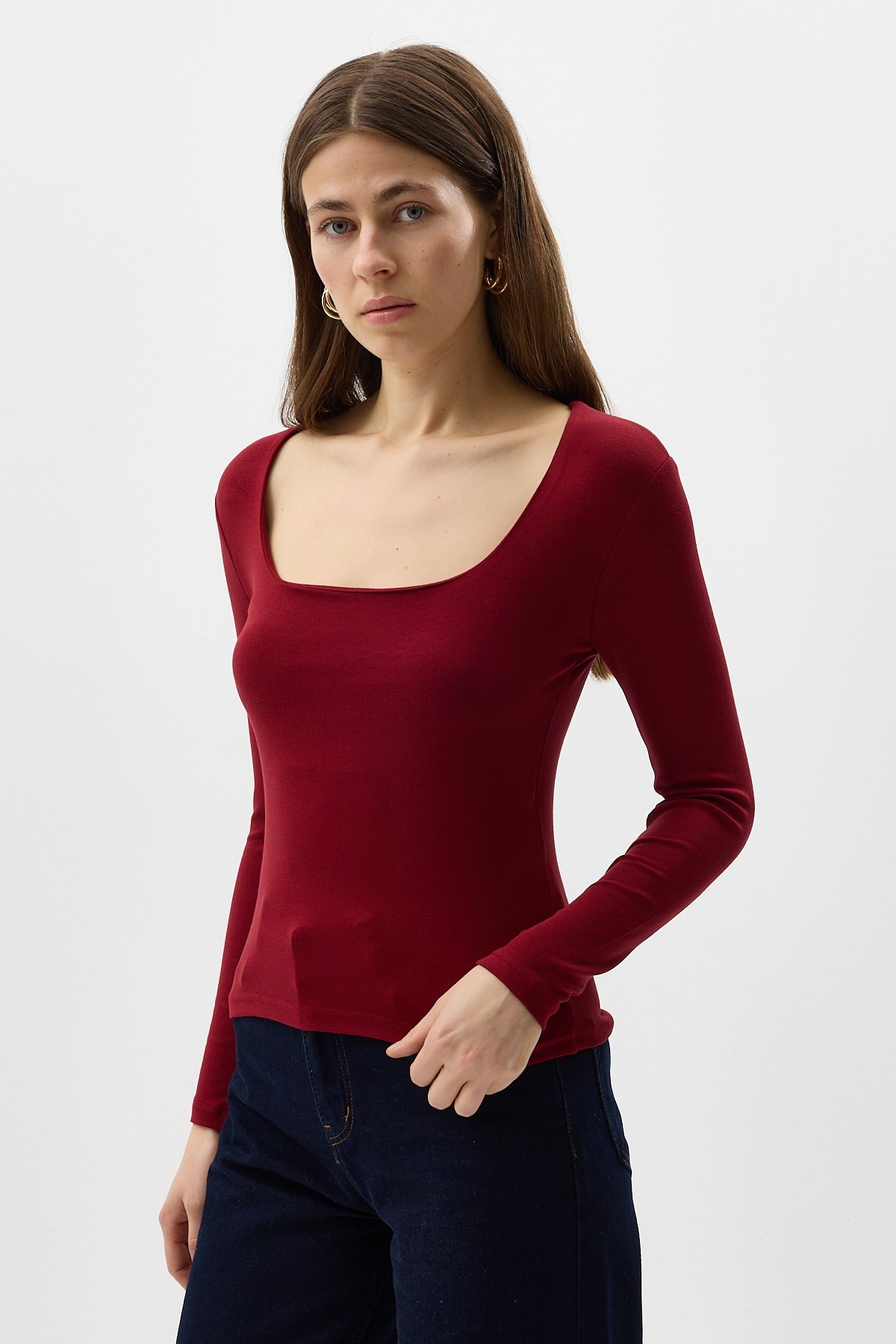 Bordo Kare Yaka Uzun Kollu Fitilli Kadın Body 8267A