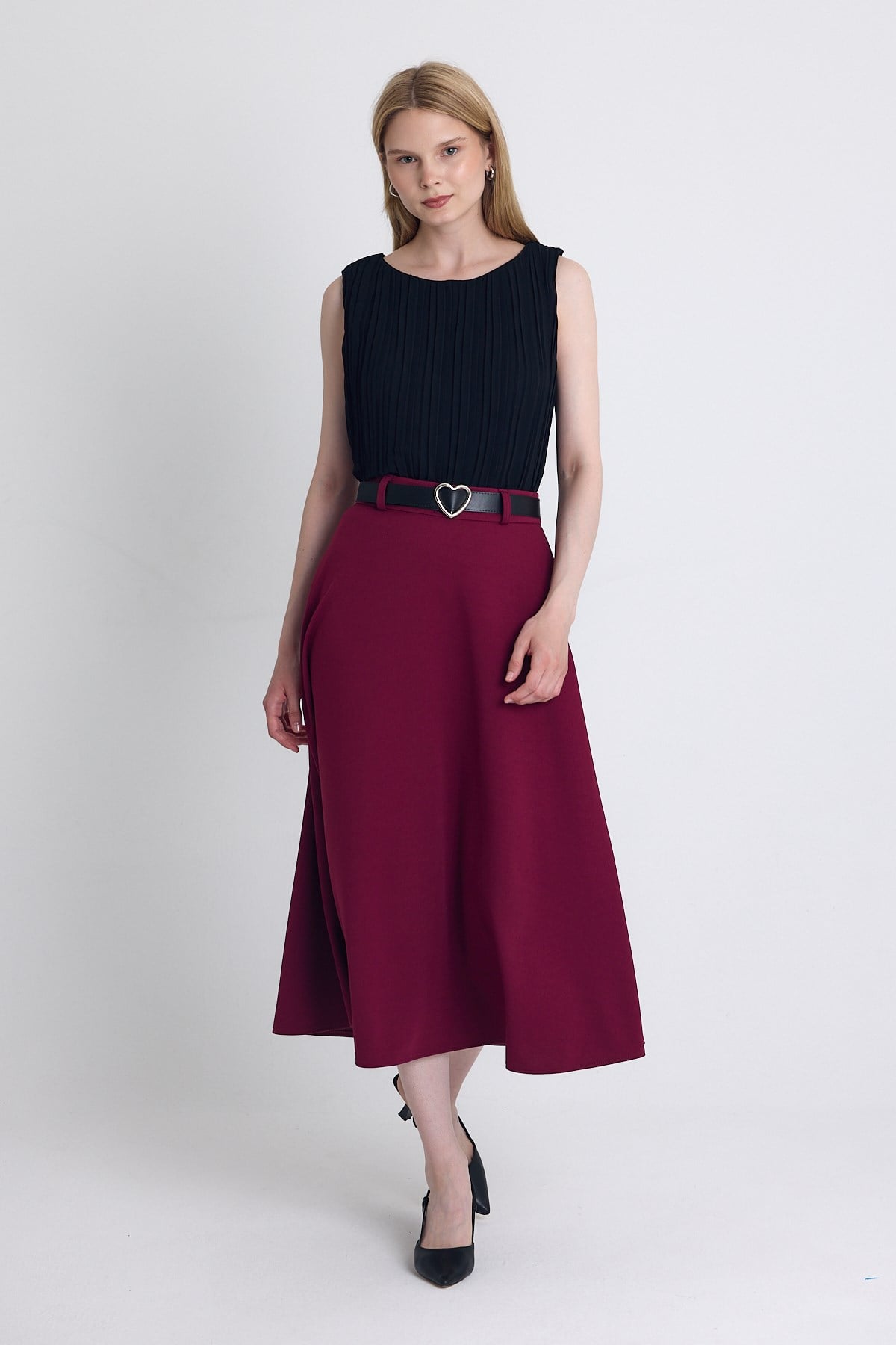Bordo Kemerli A Kesim Midi Etek 4806A