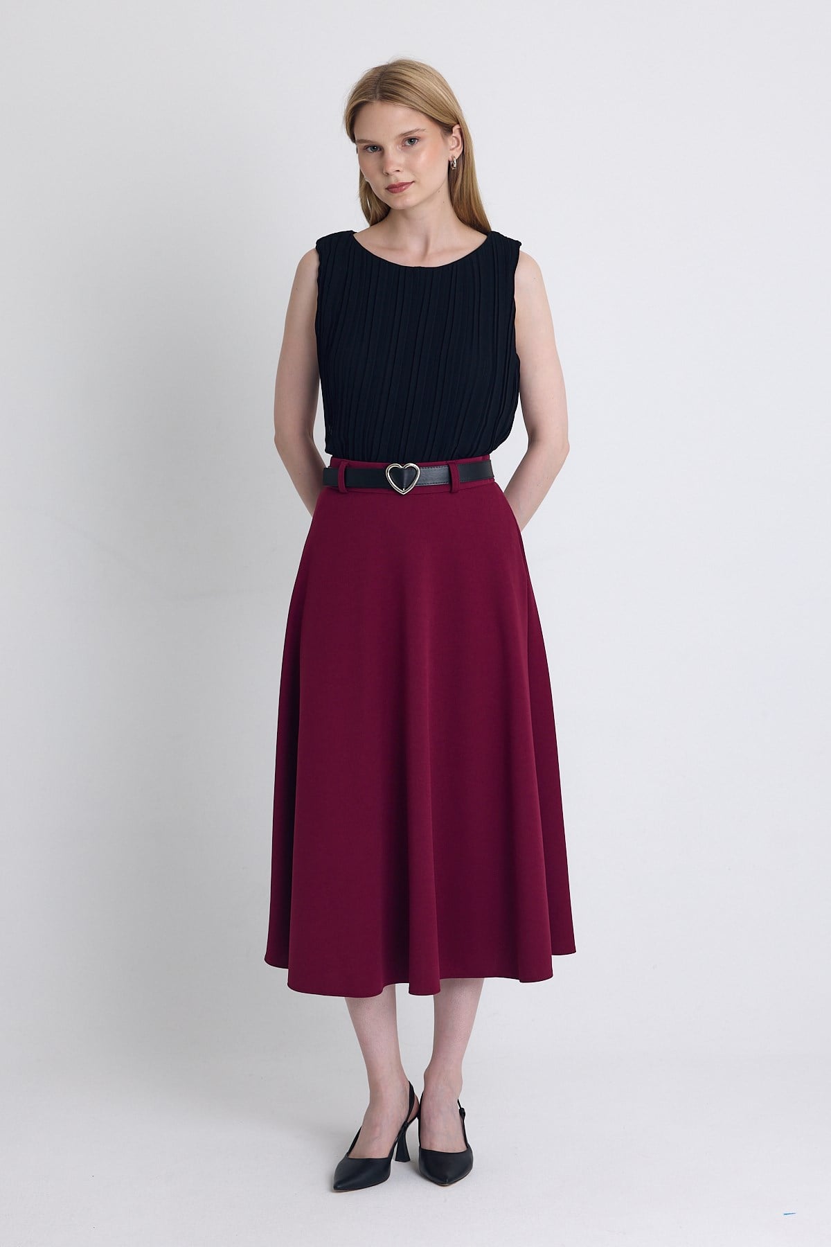 Bordo Kemerli A Kesim Midi Etek 4806A