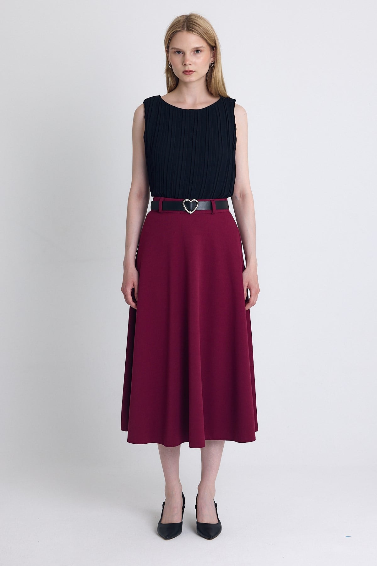 Bordo Kemerli A Kesim Midi Etek 4806A