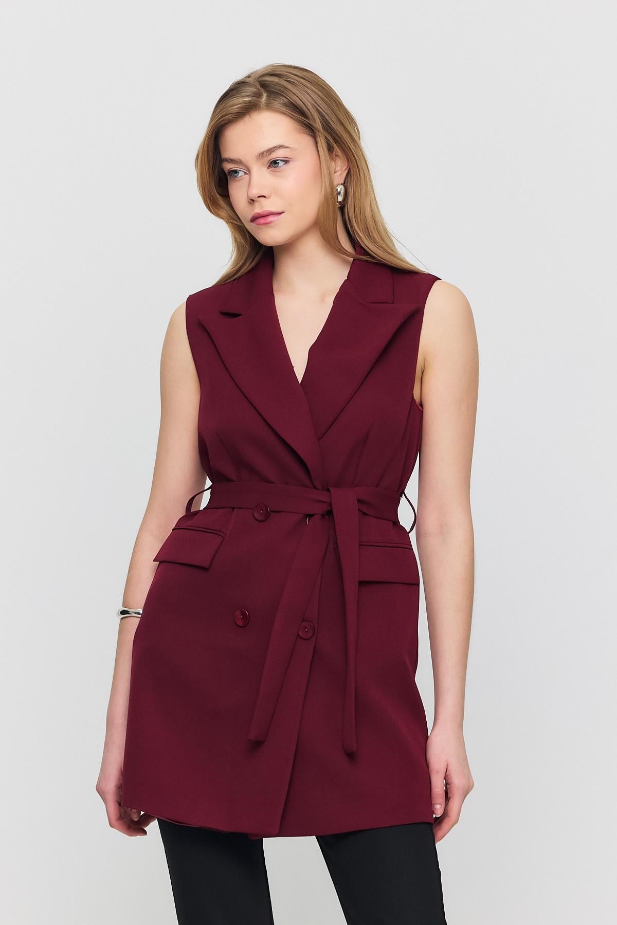 Bordo Kemerli Dört Düğme Yelek 6981