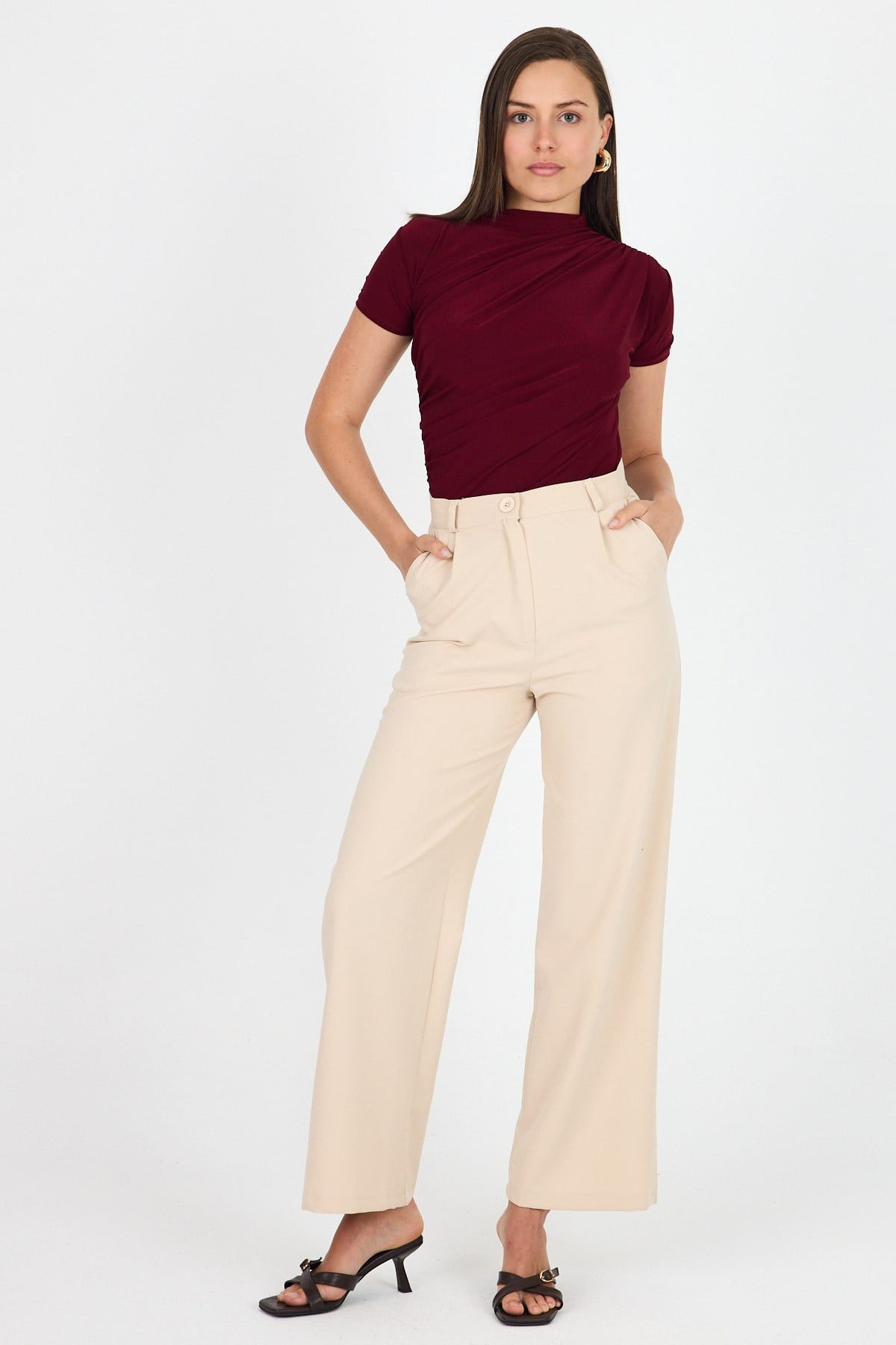Bordo Kısa Kol Büzgülü Sandy Bluz 2417