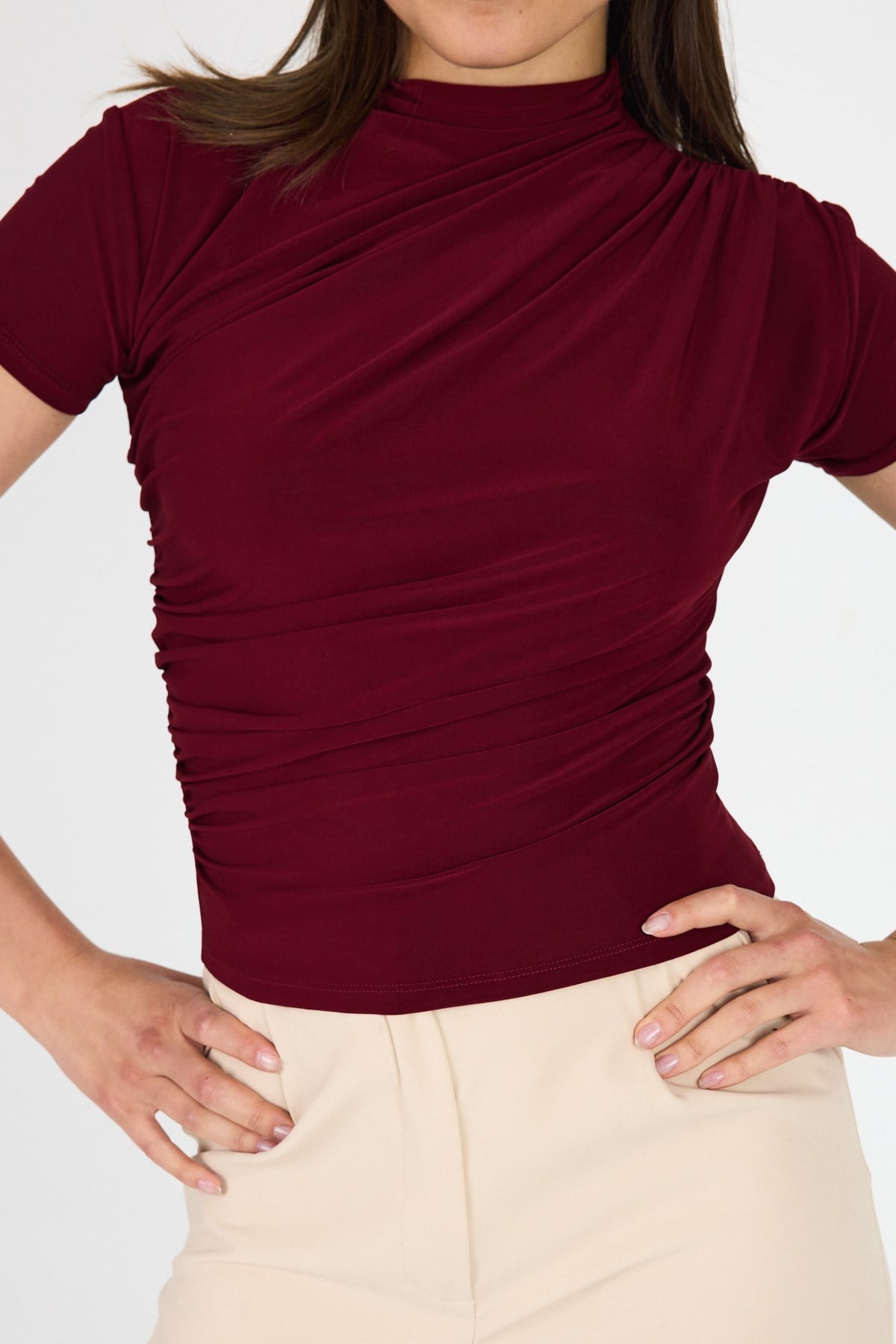 Bordo Kısa Kol Büzgülü Sandy Bluz 2417