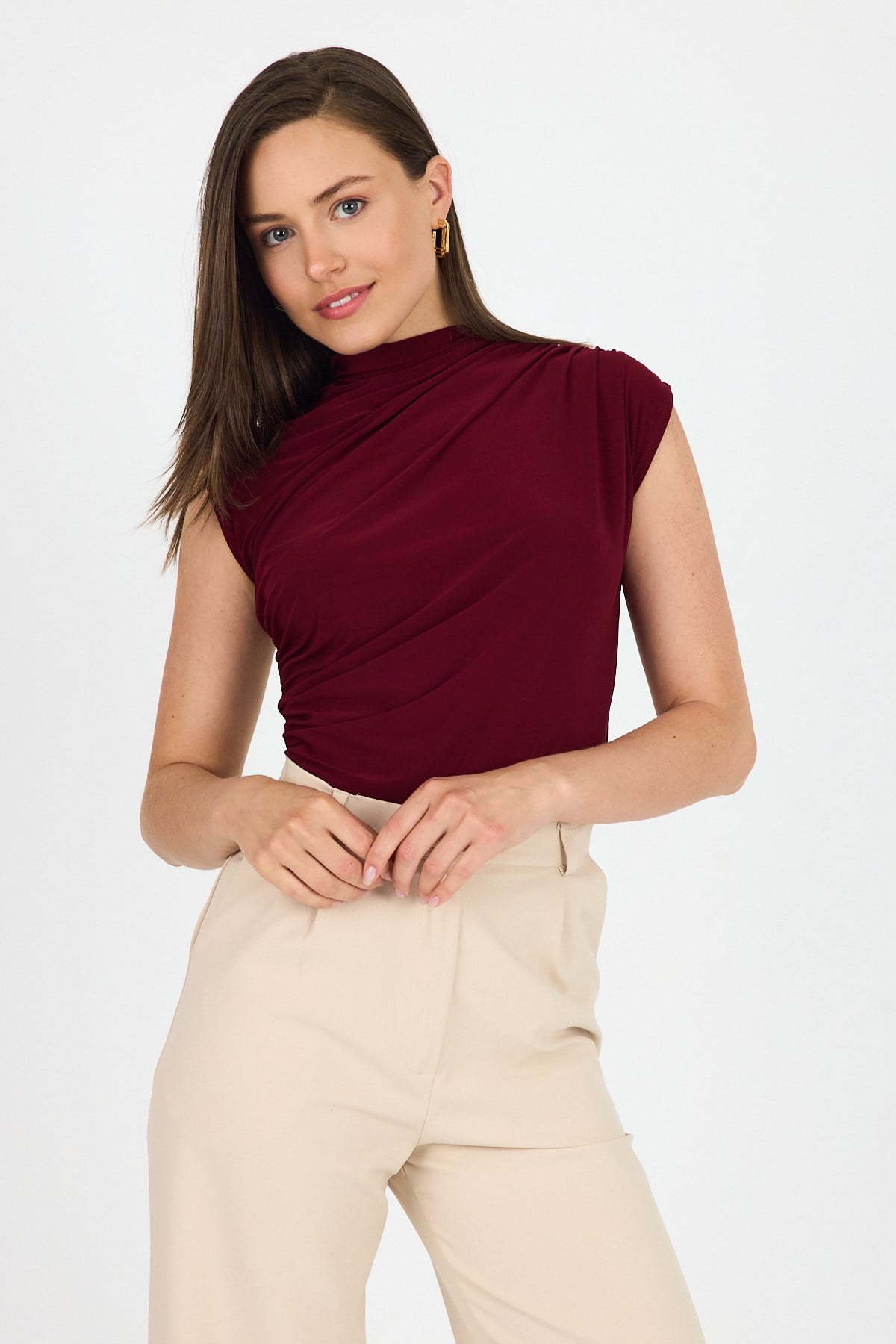 Bordo Kolsuz Büzgülü Sandy Bluz 2430