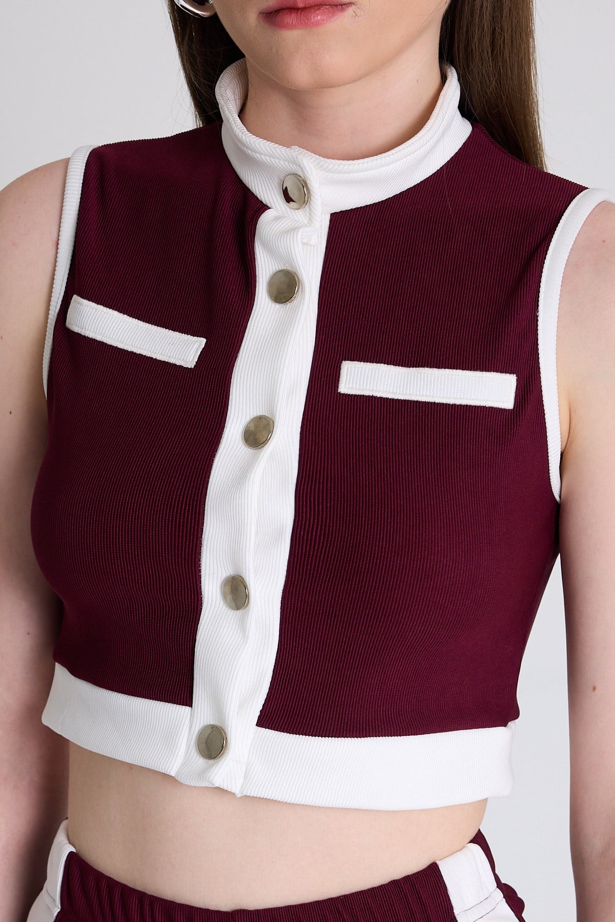 Bordo Kolsuz Crop Bluz ve Şeritli Palazzo Pantolon Takım 2215