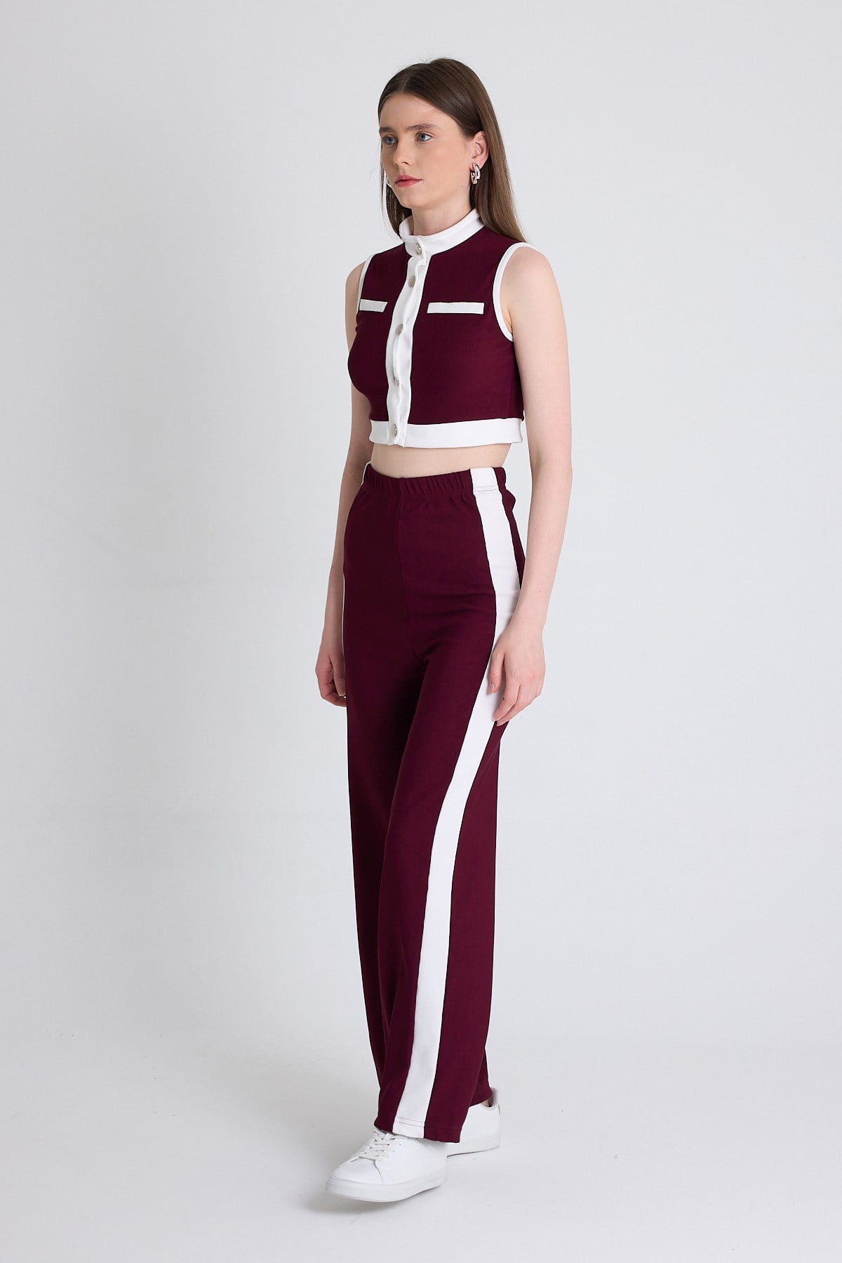 Bordo Kolsuz Crop Bluz ve Şeritli Palazzo Pantolon Takım 2215