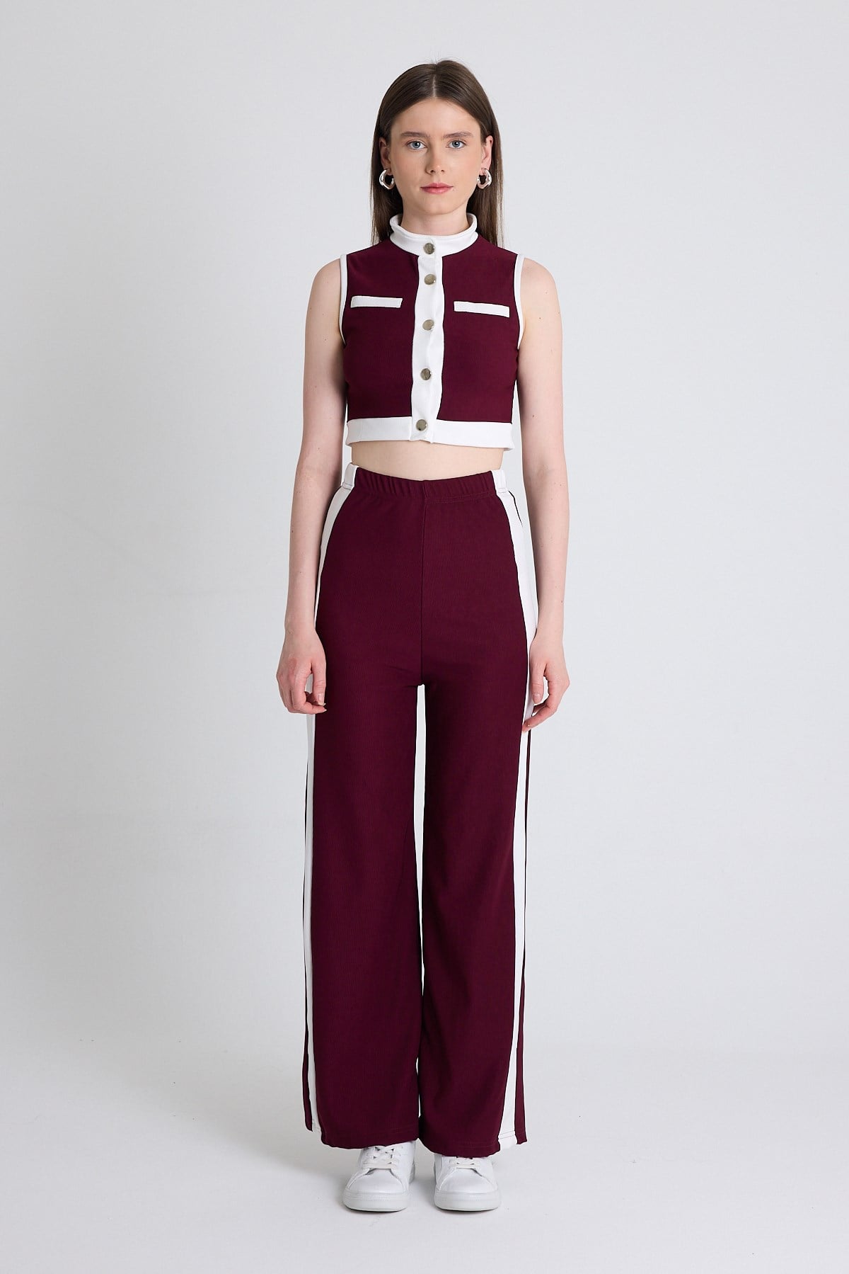 Bordo Kolsuz Crop Bluz ve Şeritli Palazzo Pantolon Takım 2215