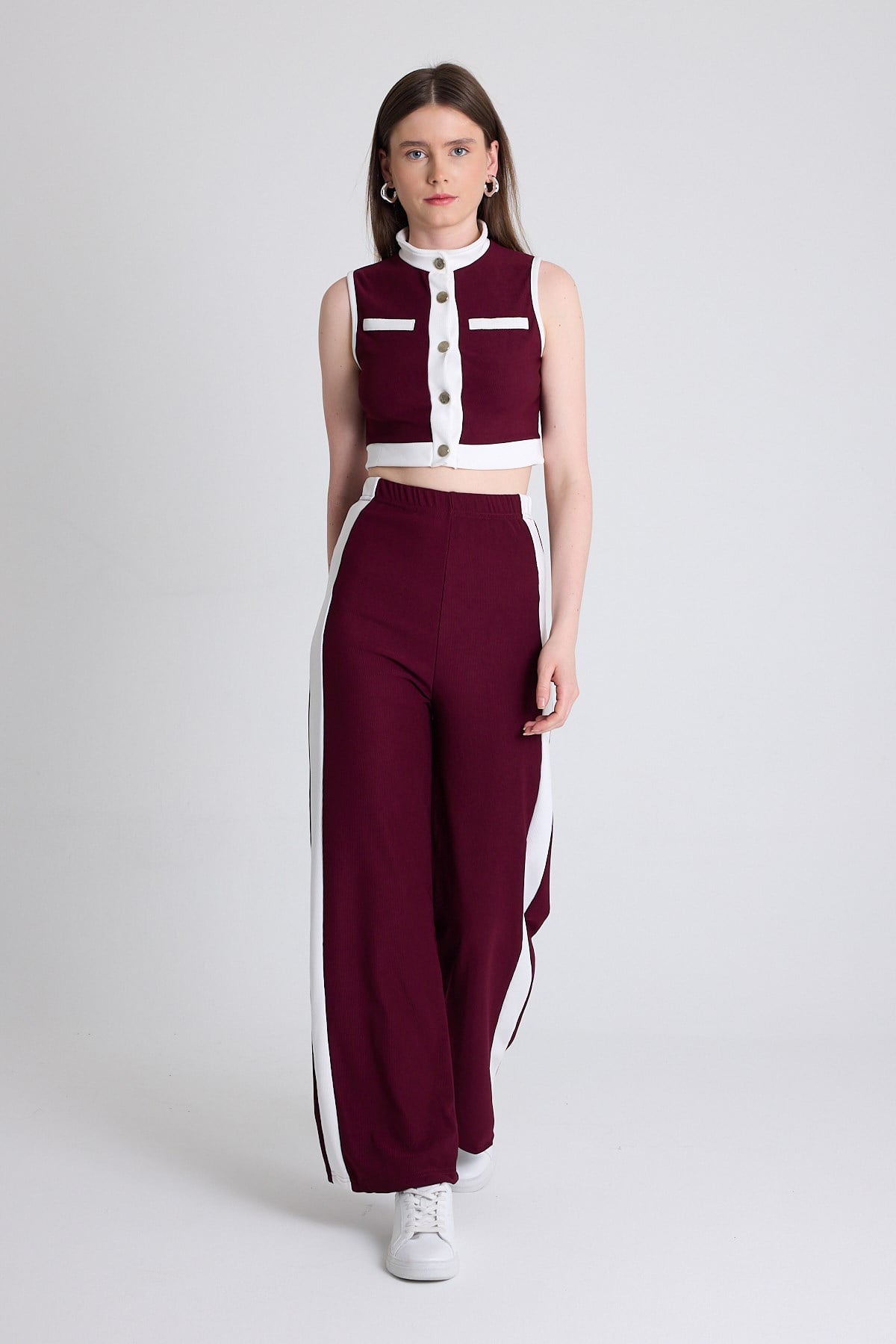 Bordo Kolsuz Crop Bluz ve Şeritli Palazzo Pantolon Takım 2215