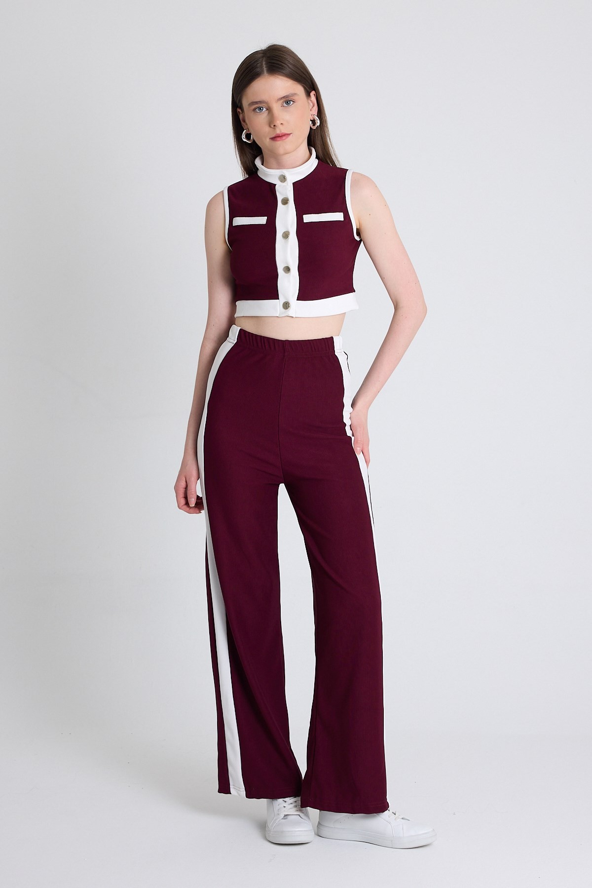 Bordo Kolsuz Crop Bluz ve Şeritli Palazzo Pantolon Takım 2215