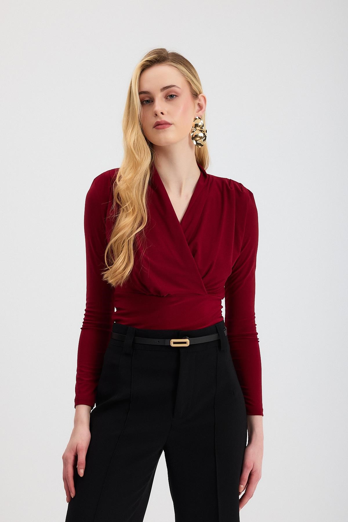 Bordo Kruvaze Yaka Vatkalı Bluz 9256