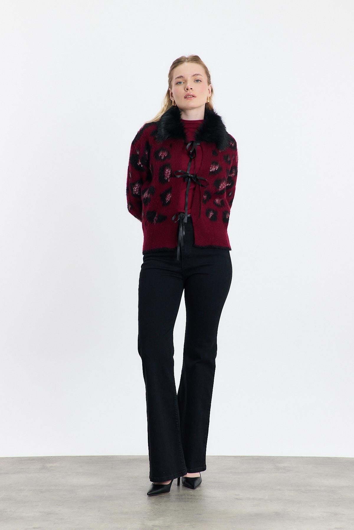 Bordo Kürklü Leopar Hırka 22289