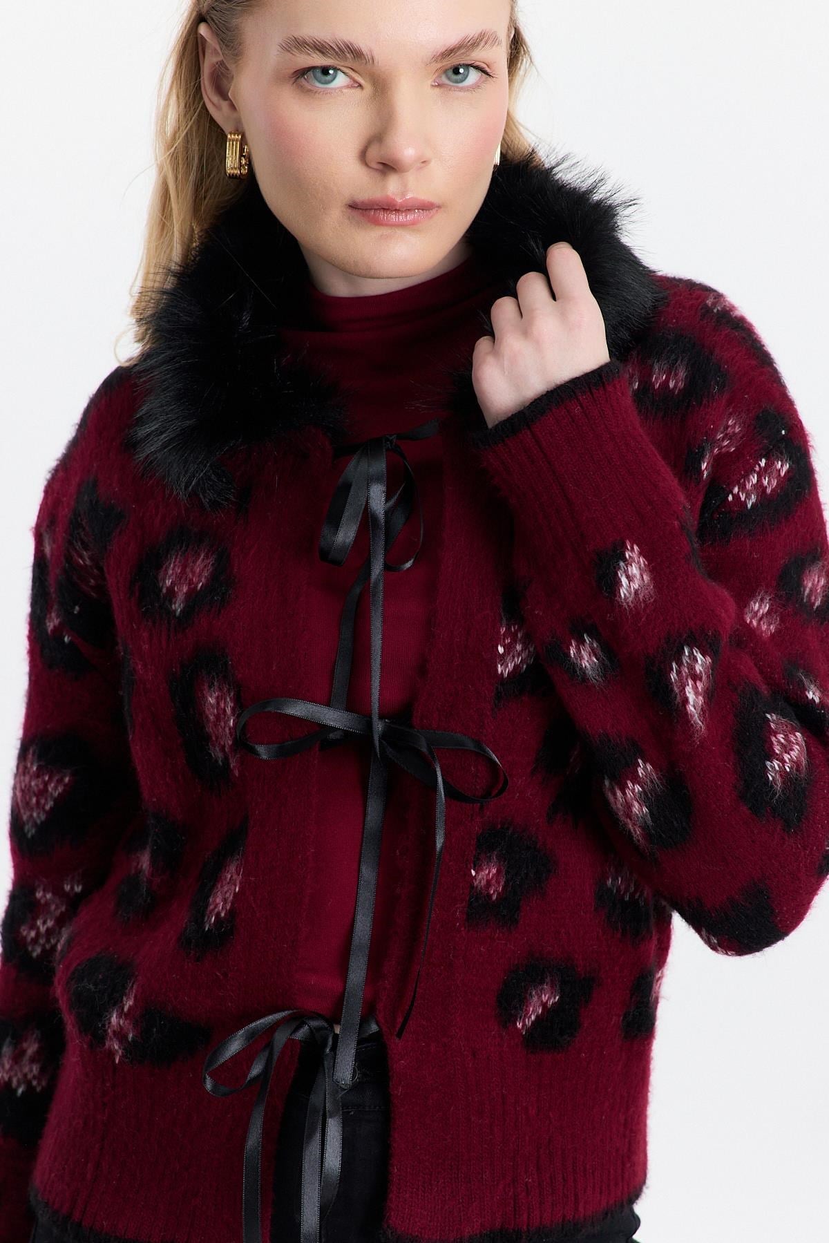 Bordo Kürklü Leopar Hırka 22289