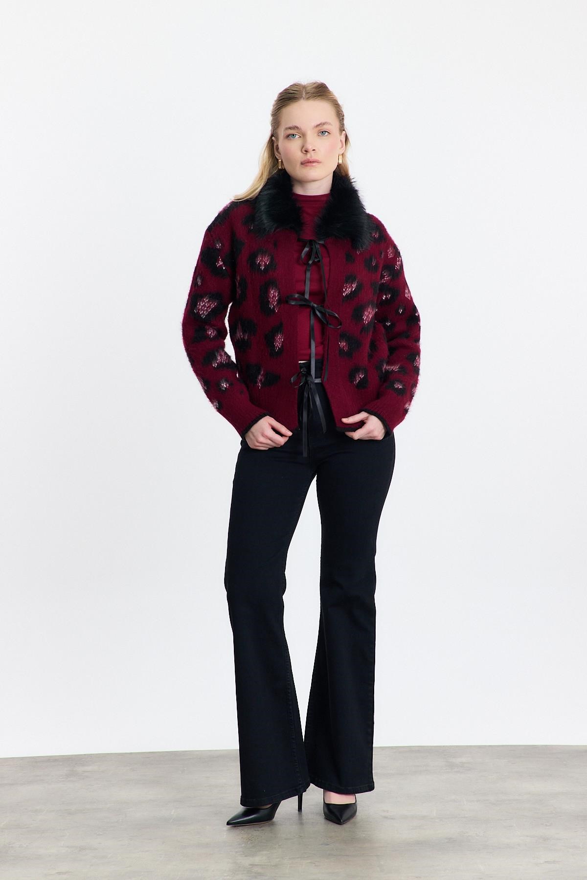 Bordo Kürklü Leopar Hırka 22289