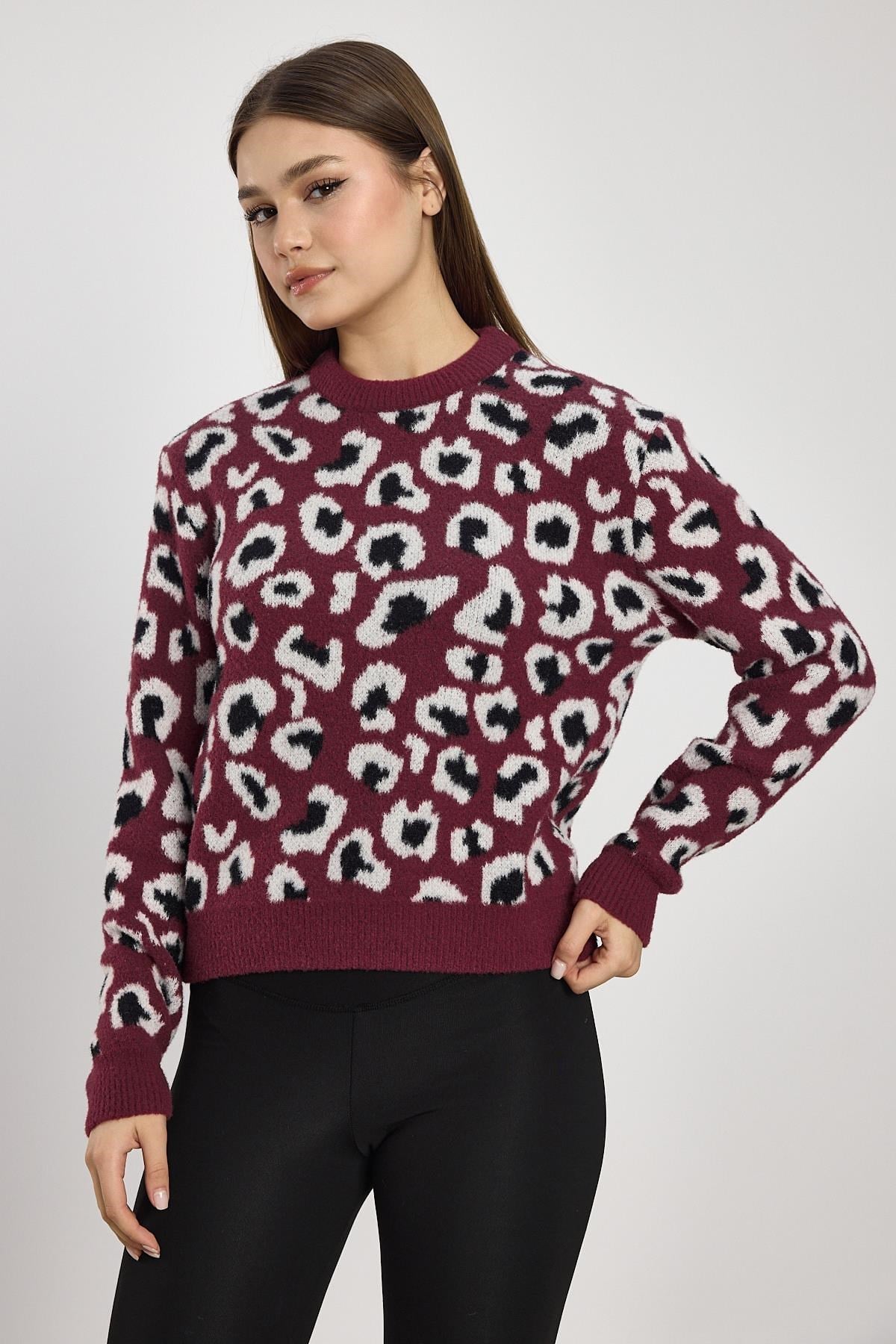Bordo Leopar Detay Triko Kazak 24342