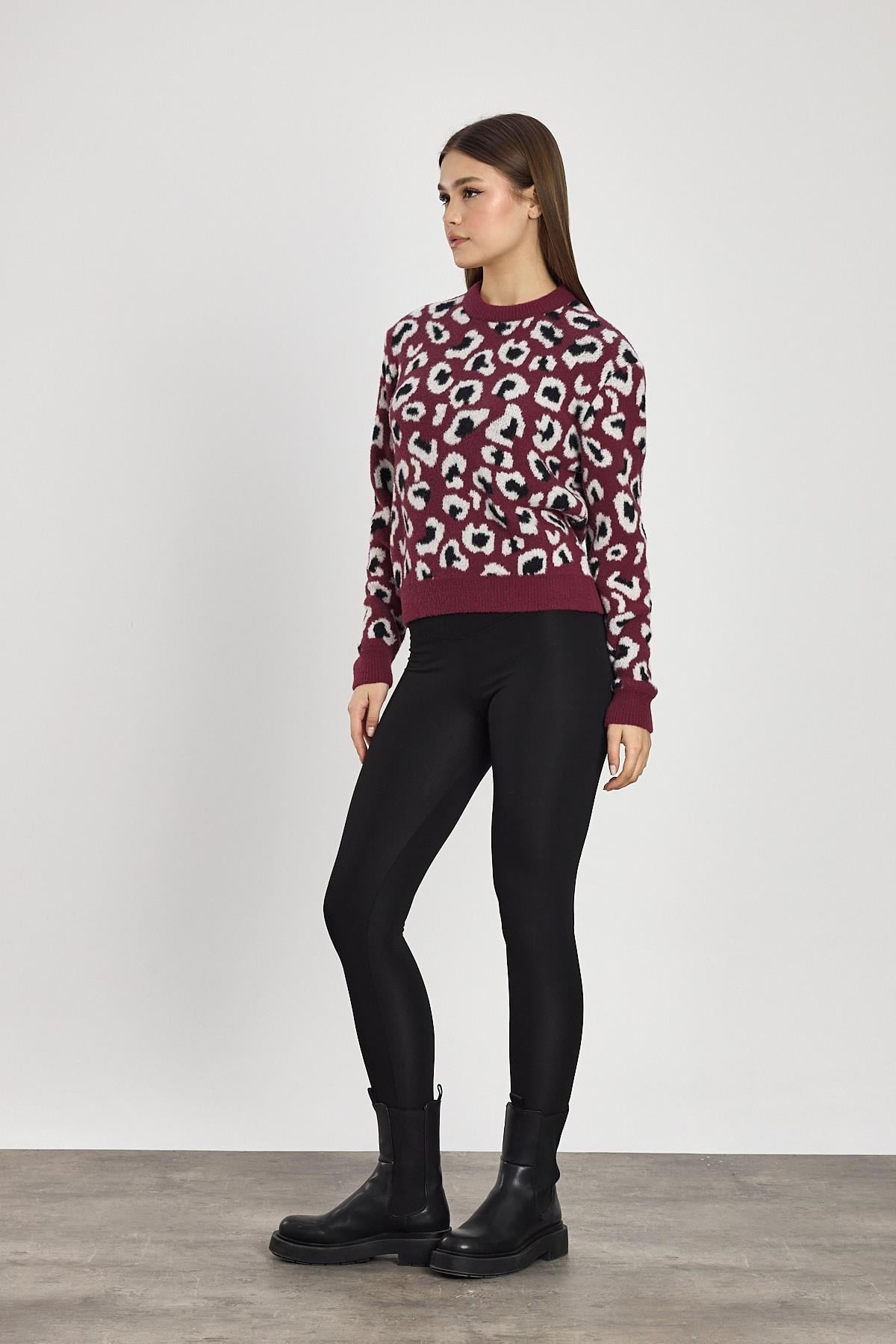 Bordo Leopar Detay Triko Kazak 24342