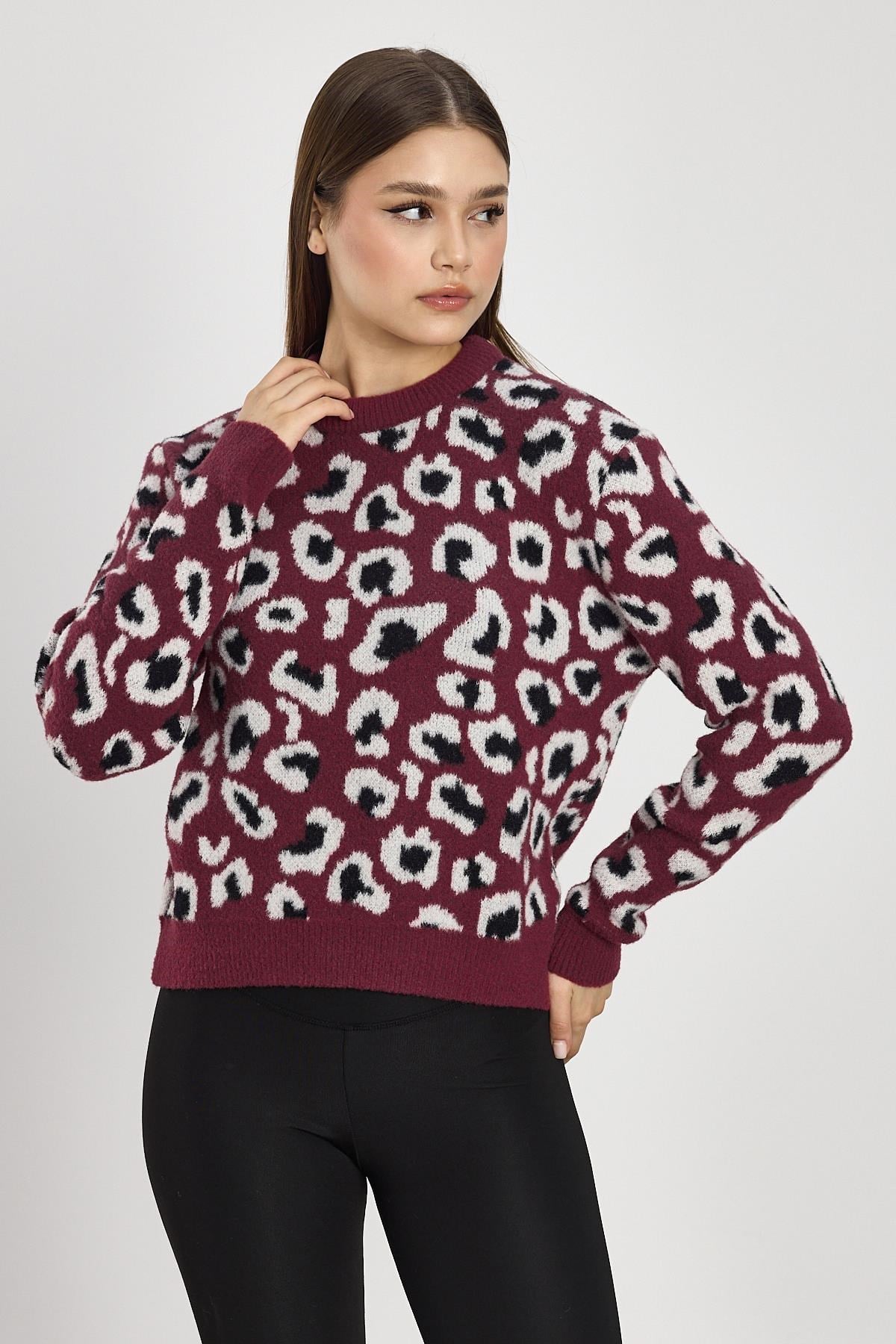 Bordo Leopar Detay Triko Kazak 24342