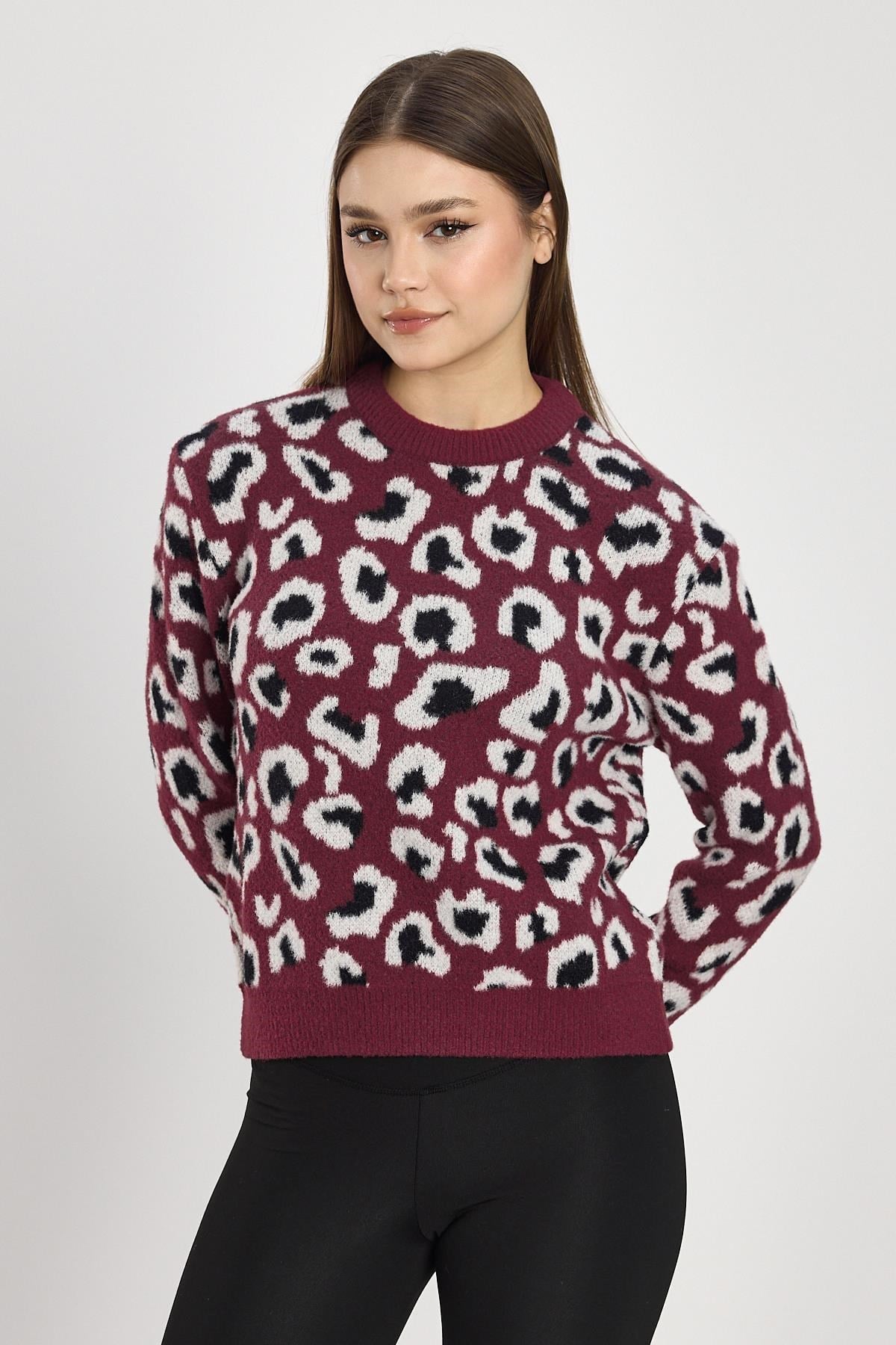 Bordo Leopar Detay Triko Kazak 24342