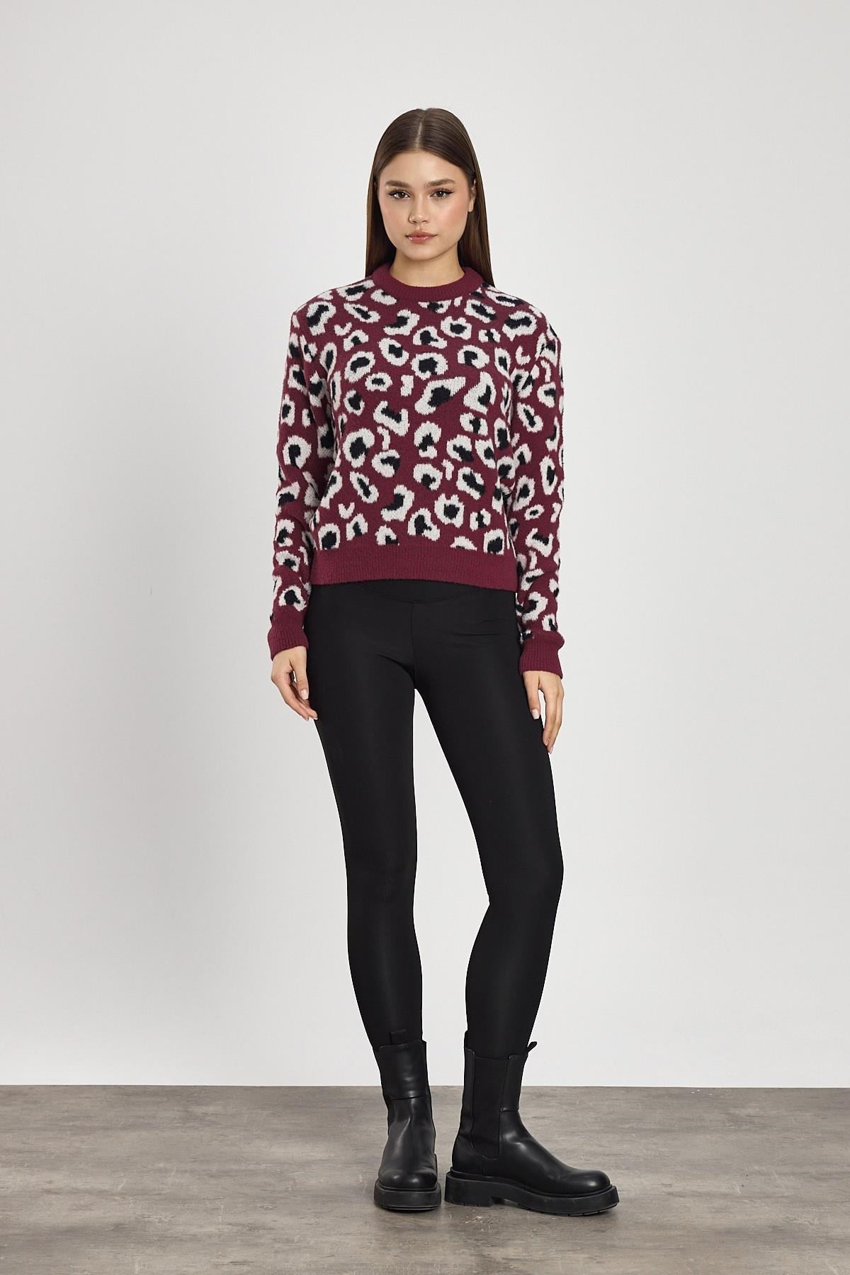 Bordo Leopar Detay Triko Kazak 24342