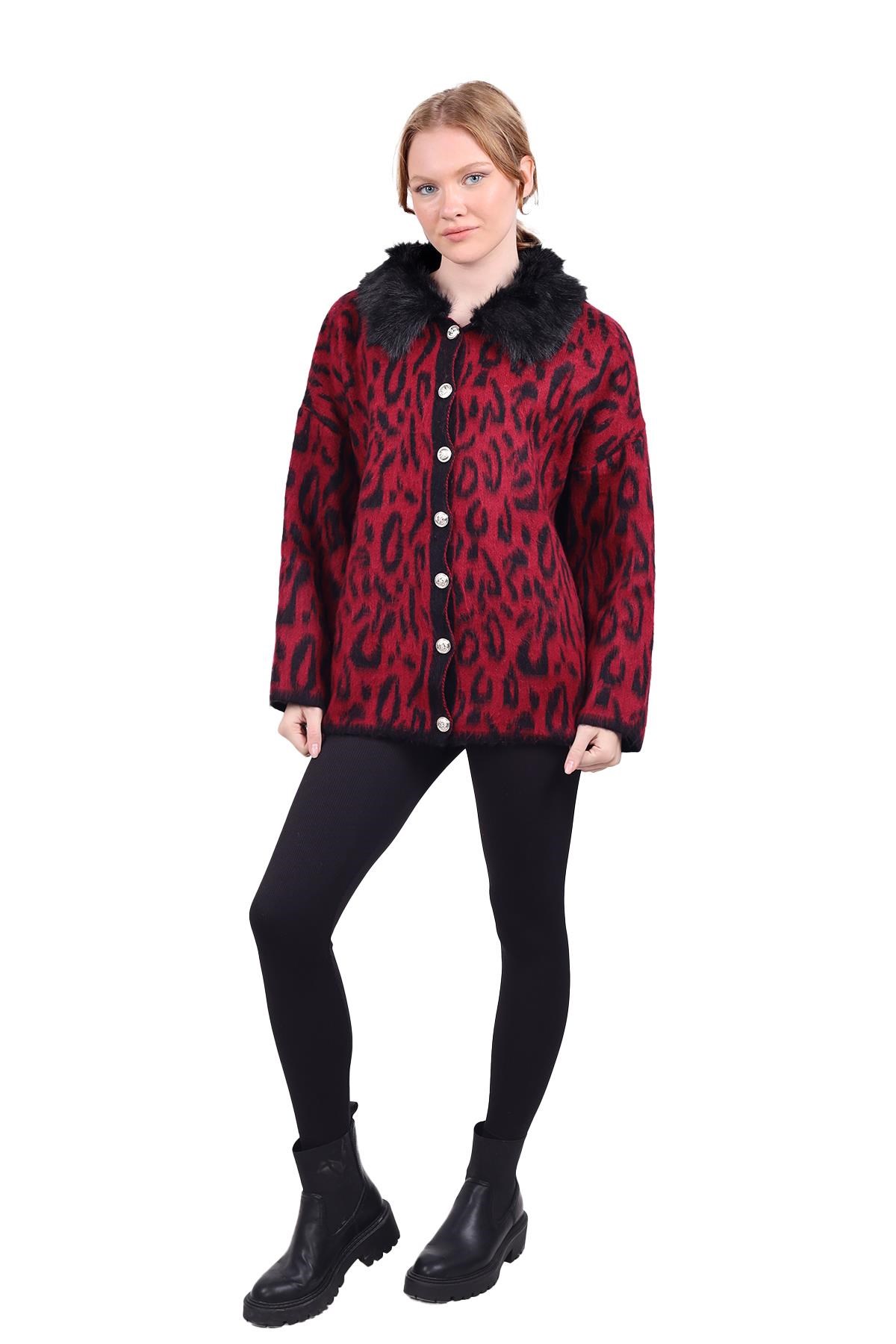 Bordo Leopar Yakası Kürklü Hırka 22288