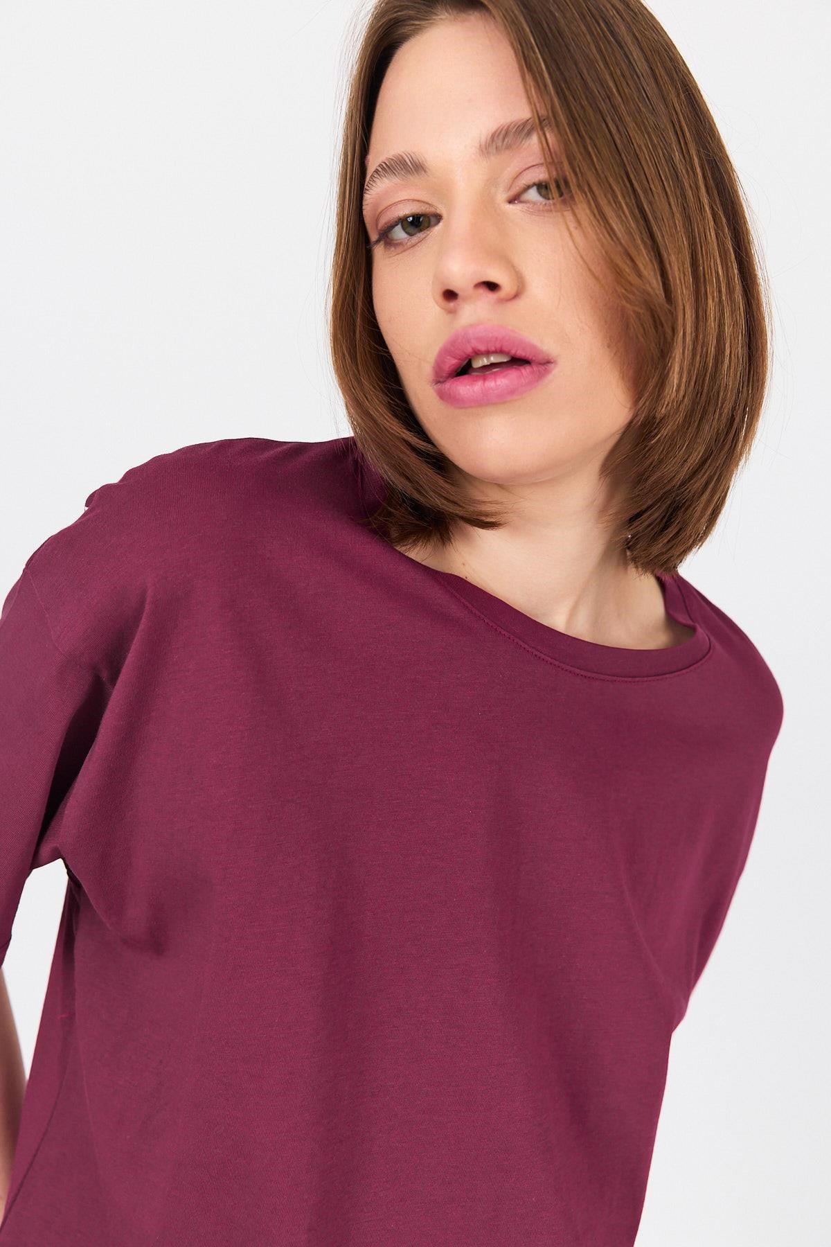 Bordo Omuz Yazı Baskılı %100 Pamuk Oversize Tişört 2150-30M