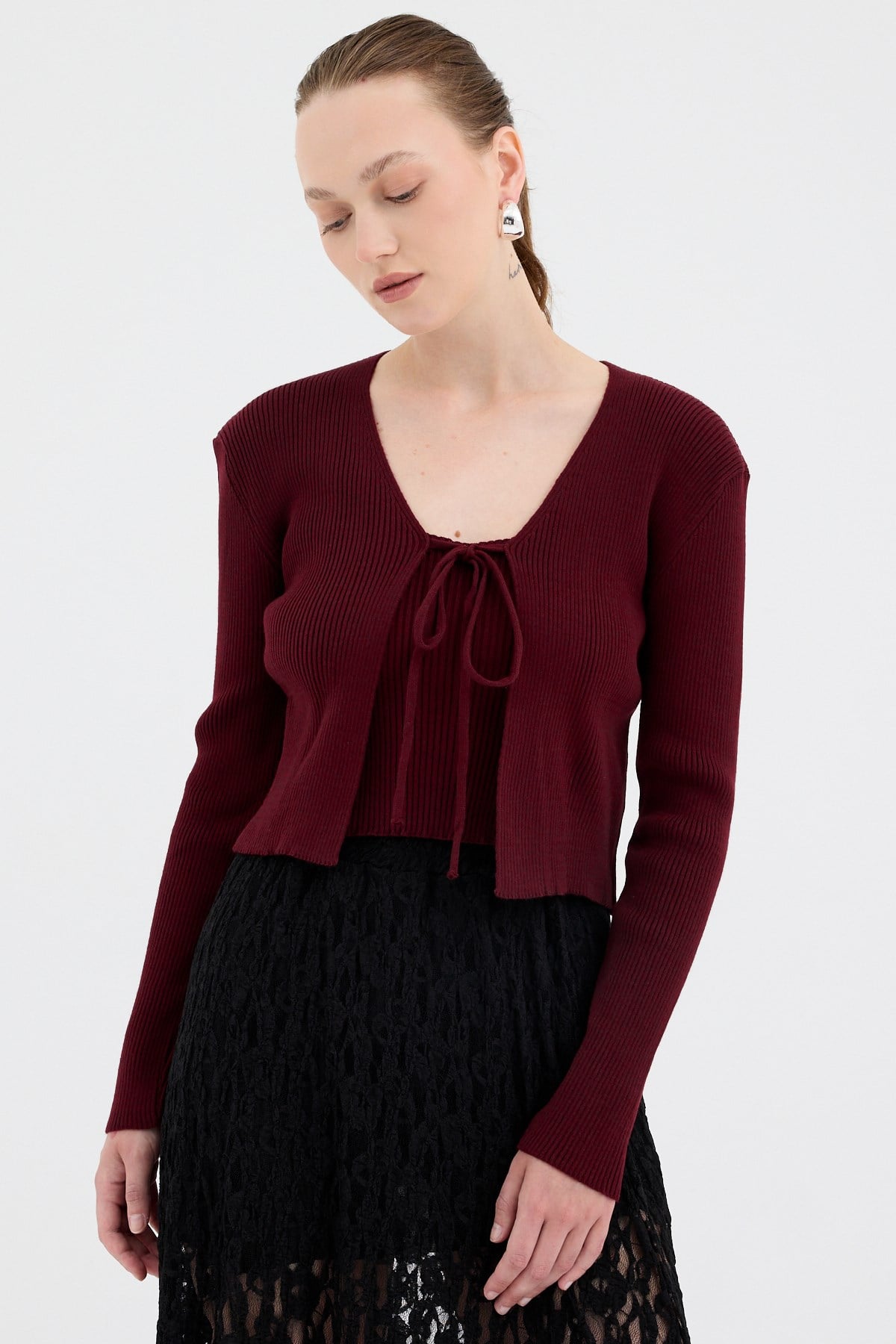 Bordo Ön Bağlamalı Triko Hırka ve Askılı Bluz Takımı 7360