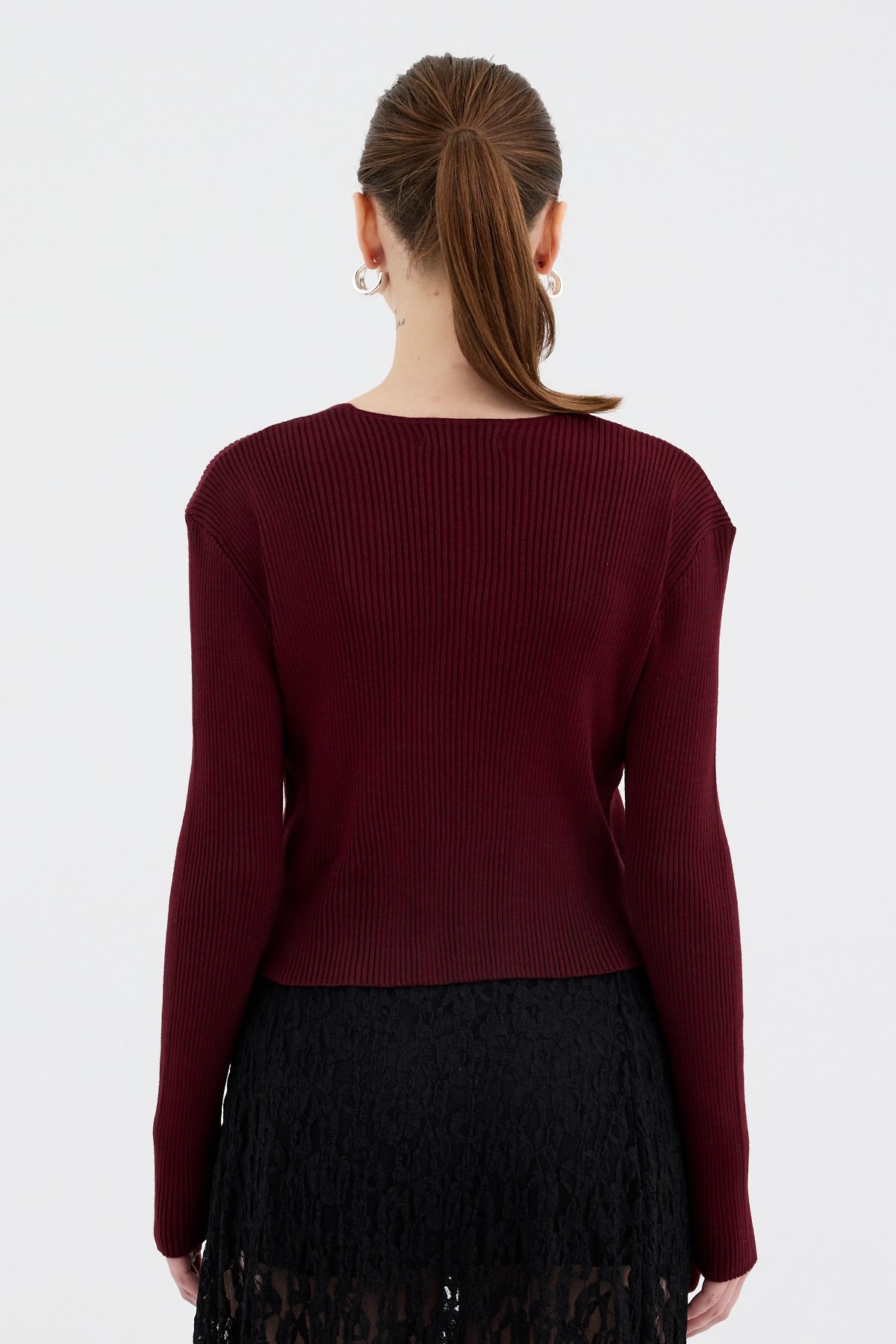 Bordo Ön Bağlamalı Triko Hırka ve Askılı Bluz Takımı 7360