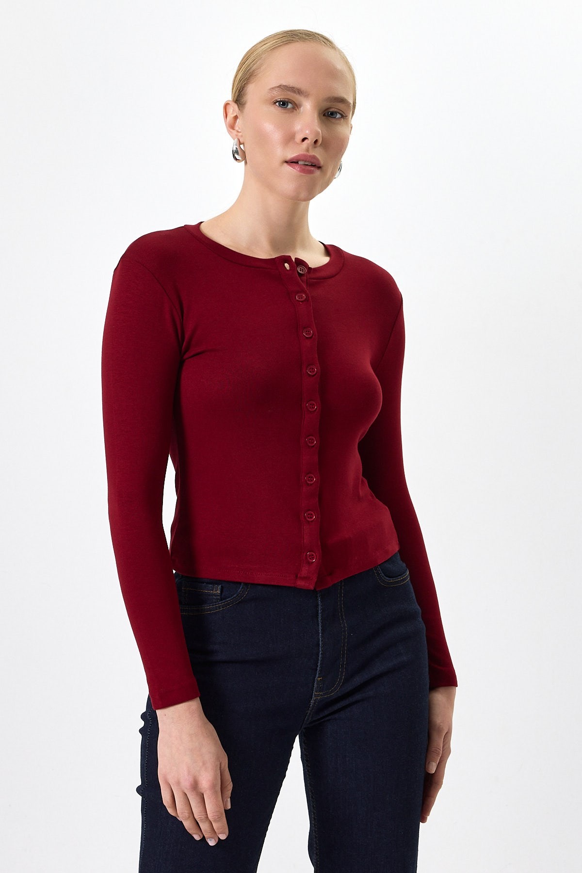 Bordo Ön Düğmeli Bisiklet Yaka Uzun Kollu Fitilli Kadın Body 8270A