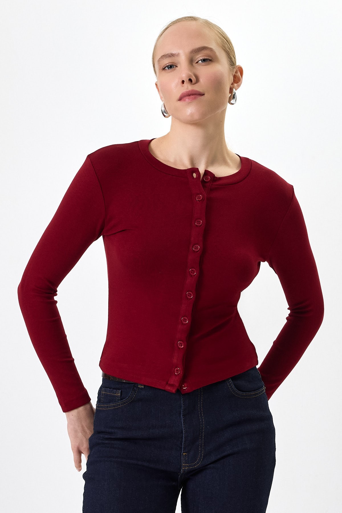 Bordo Ön Düğmeli Bisiklet Yaka Uzun Kollu Fitilli Kadın Body 8270A