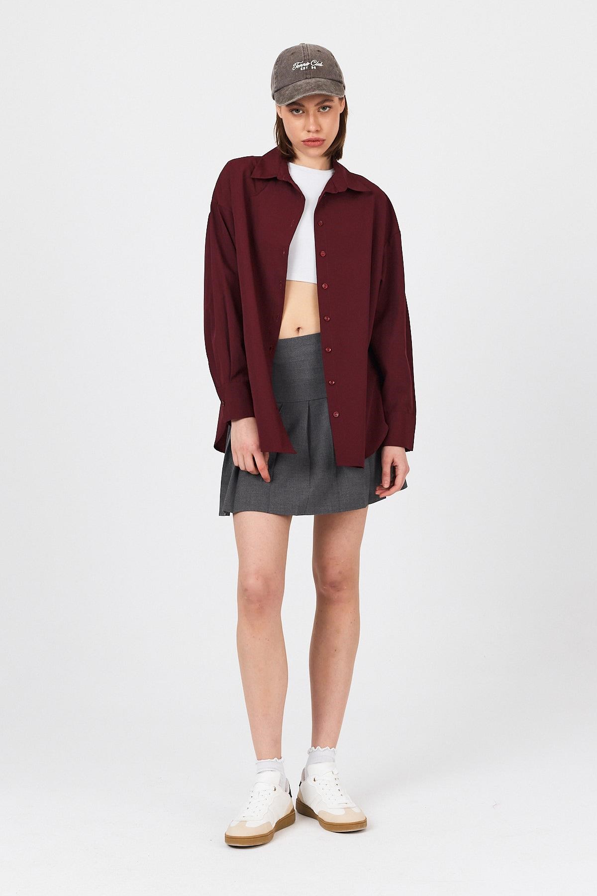 Bordo Oversize Basic Uzun Gömlek 4664A