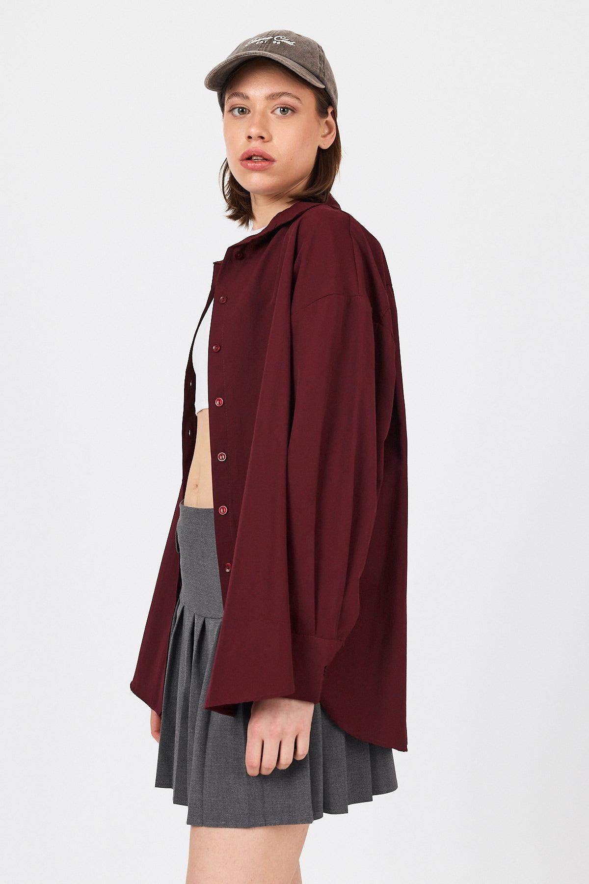 Bordo Oversize Basic Uzun Gömlek 4664A
