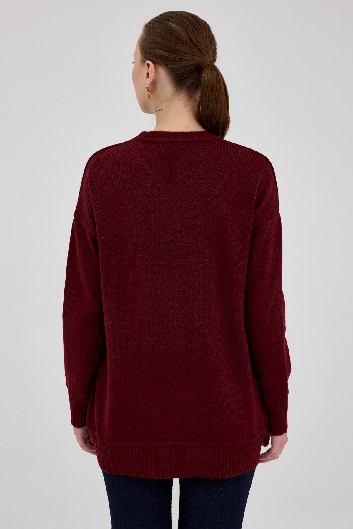 Bordo Oversize Bisiklet Yaka Kadın Kazak 2345
