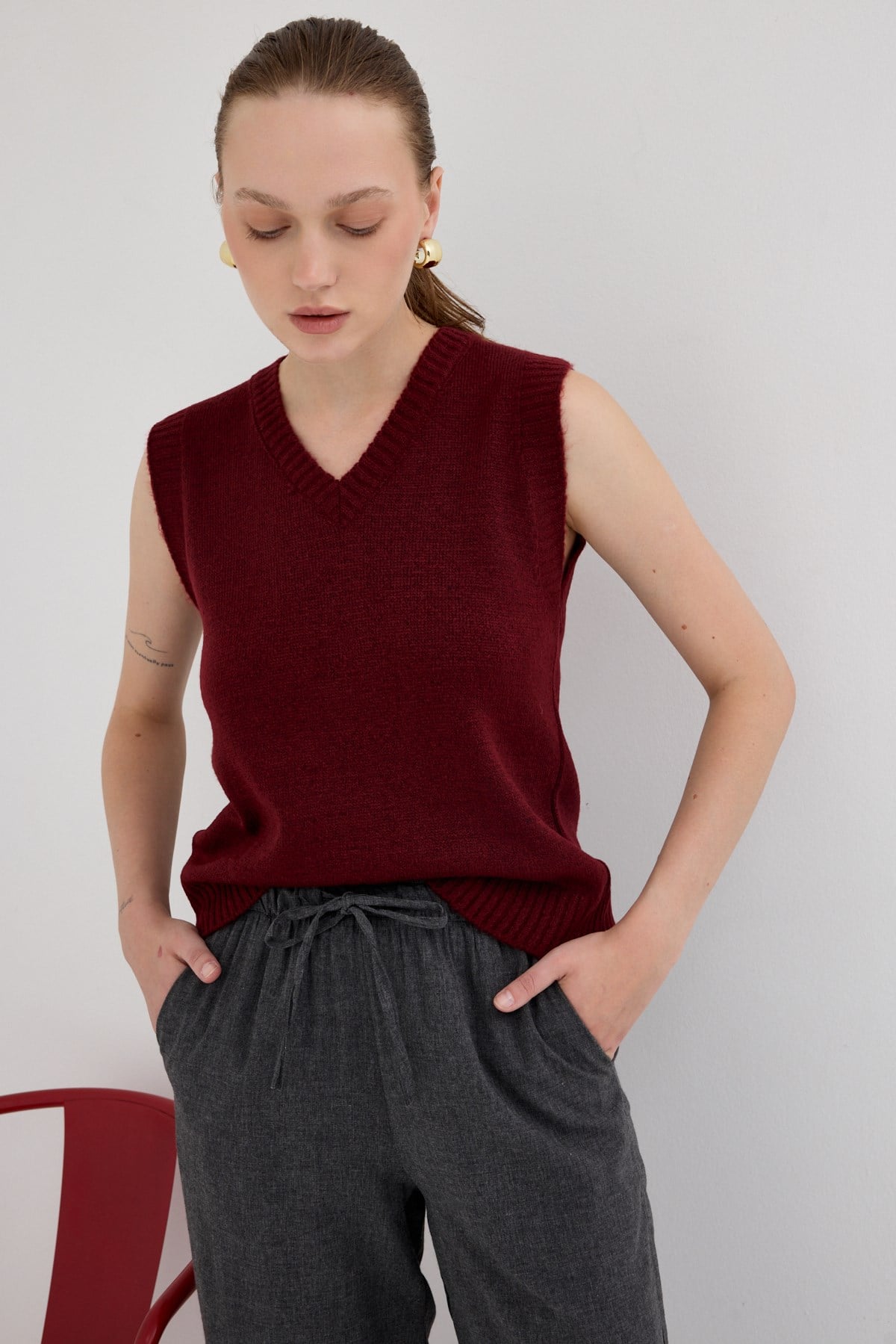 Bordo Oversize V Yaka Kadın Süveter 2292