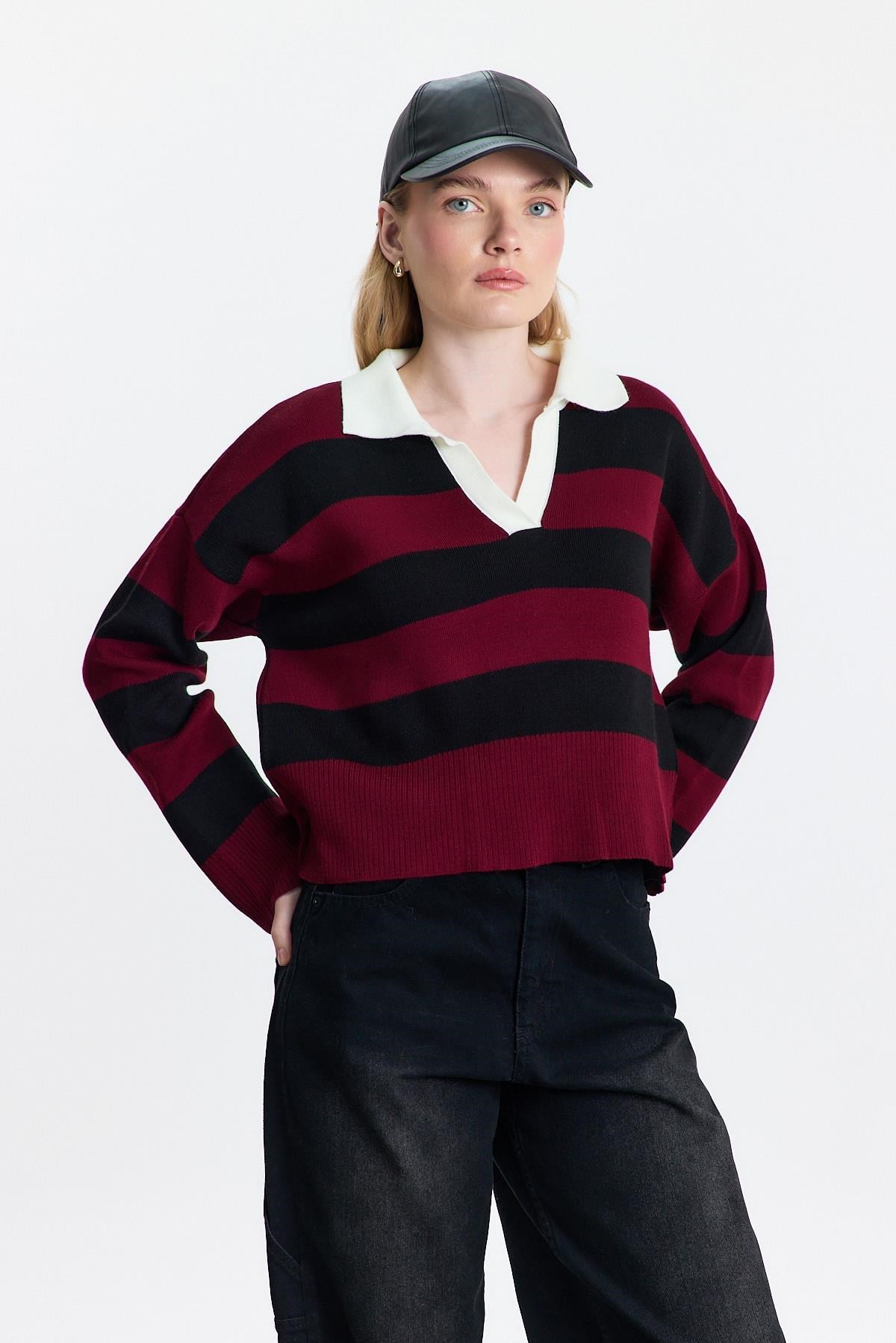 Bordo Polo Yaka Çizgili Kazak 24379