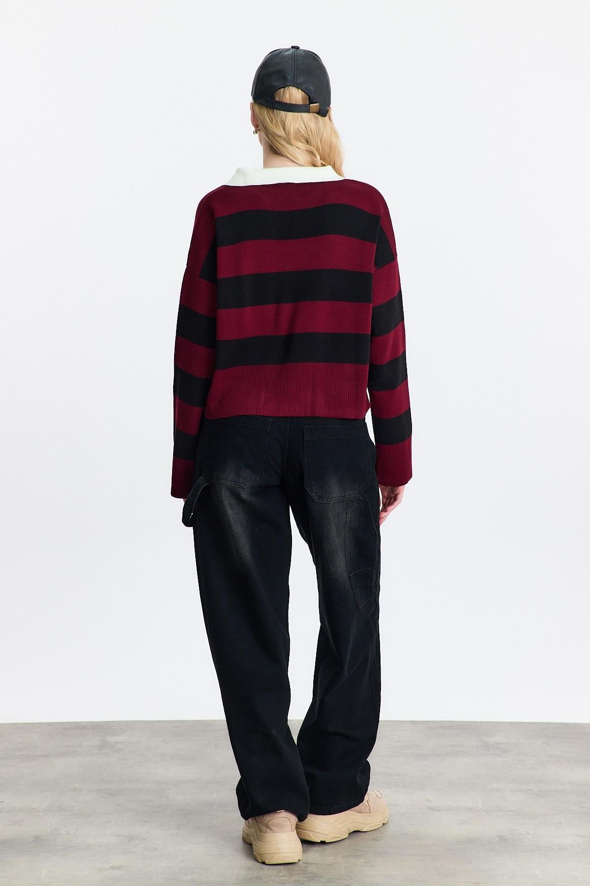 Bordo Polo Yaka Çizgili Kazak 24379