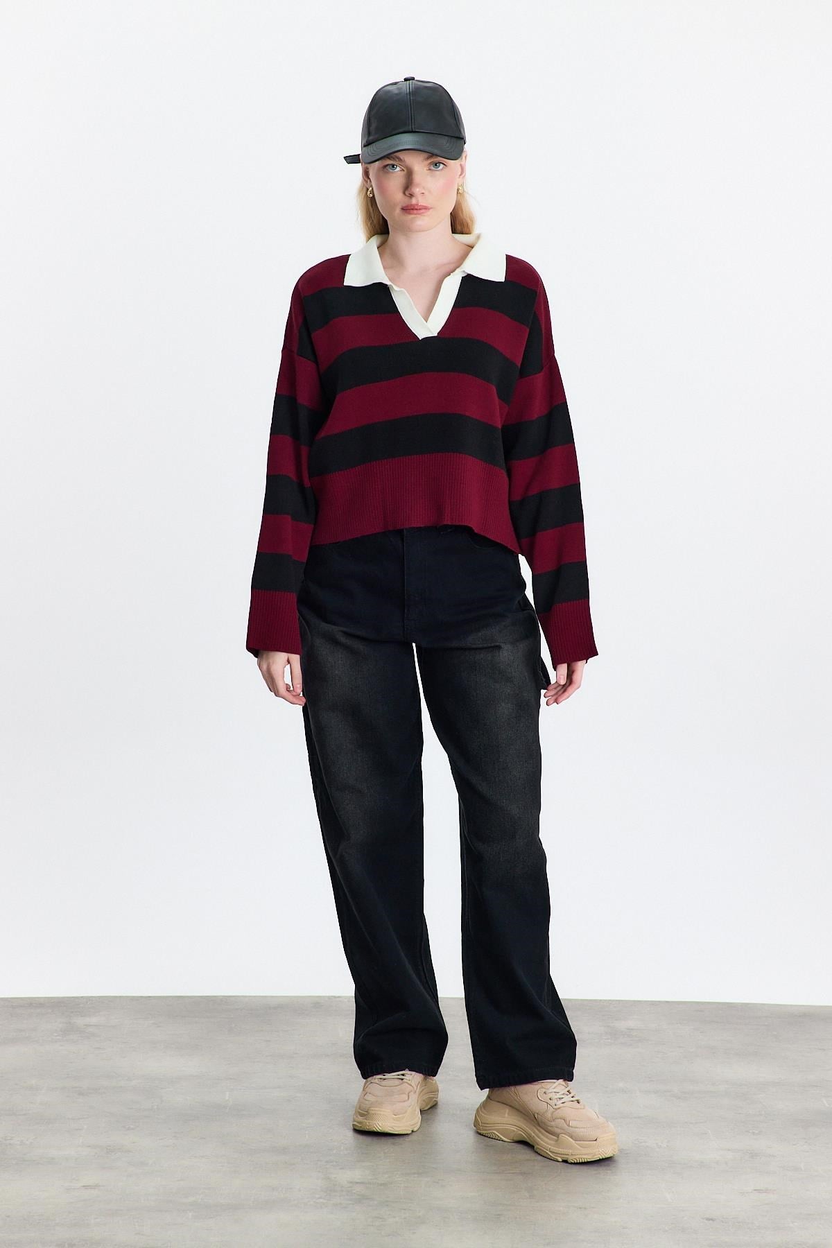 Bordo Polo Yaka Çizgili Kazak 24379