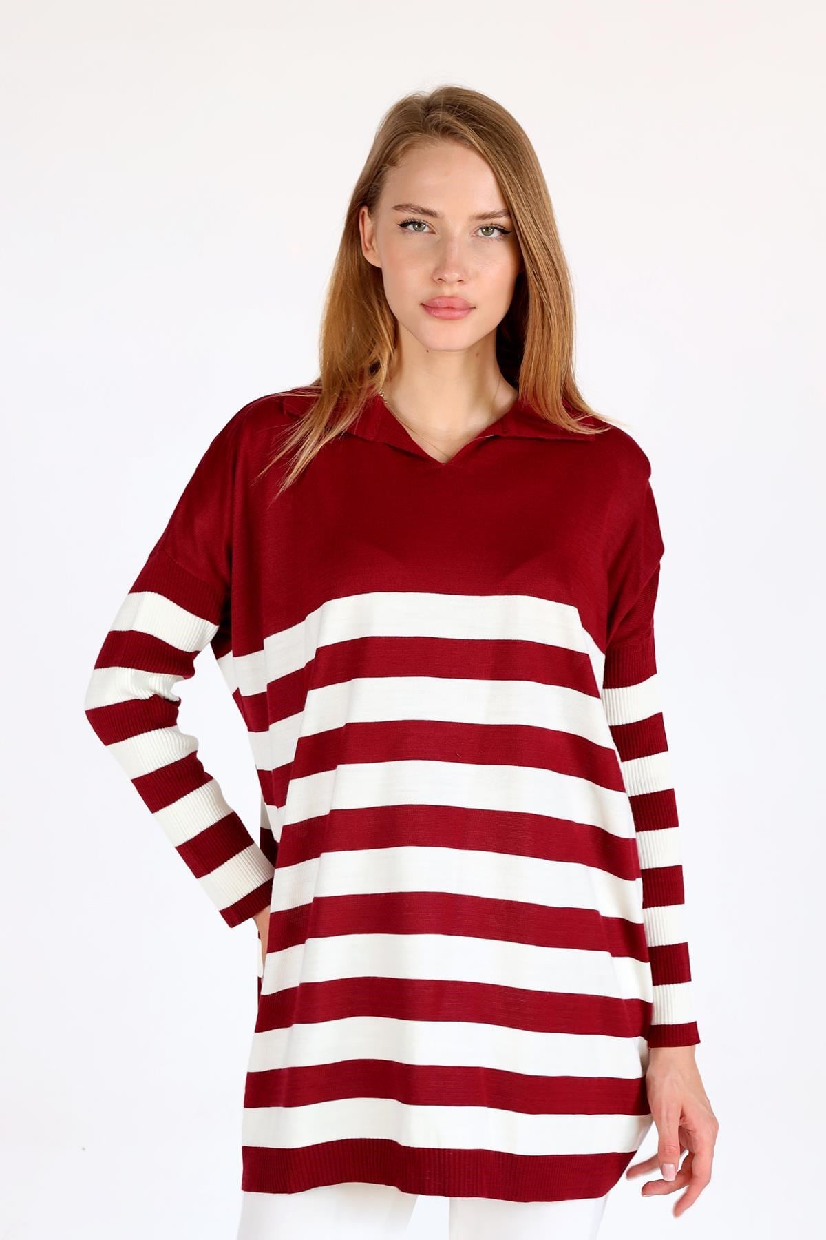 Bordo Polo Yaka Çizgili Tunik 5340