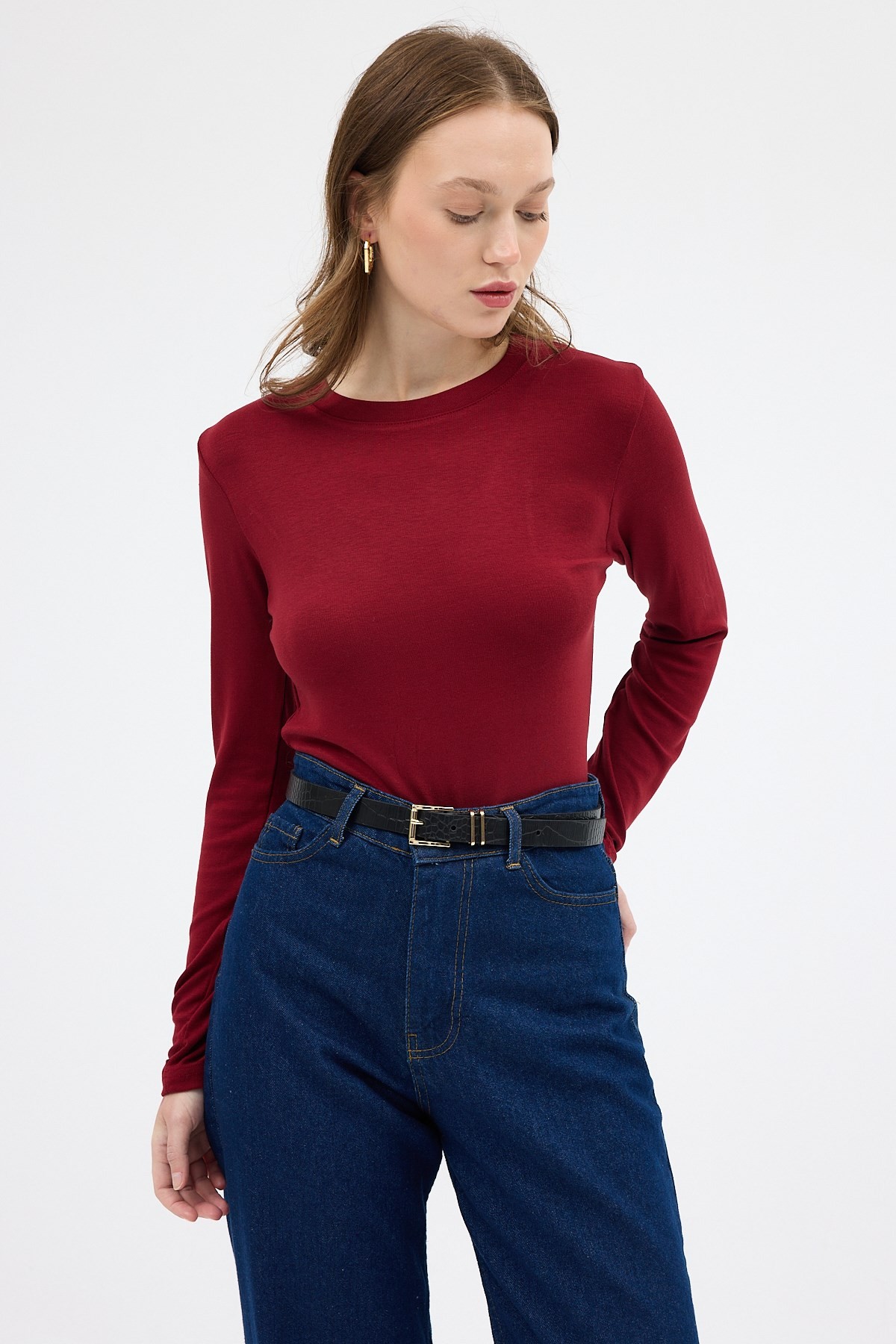 Bordo Premium/Viskoz Yumuşak Kumaşlı Parmak Geçmeli Crop Bluz 8162A